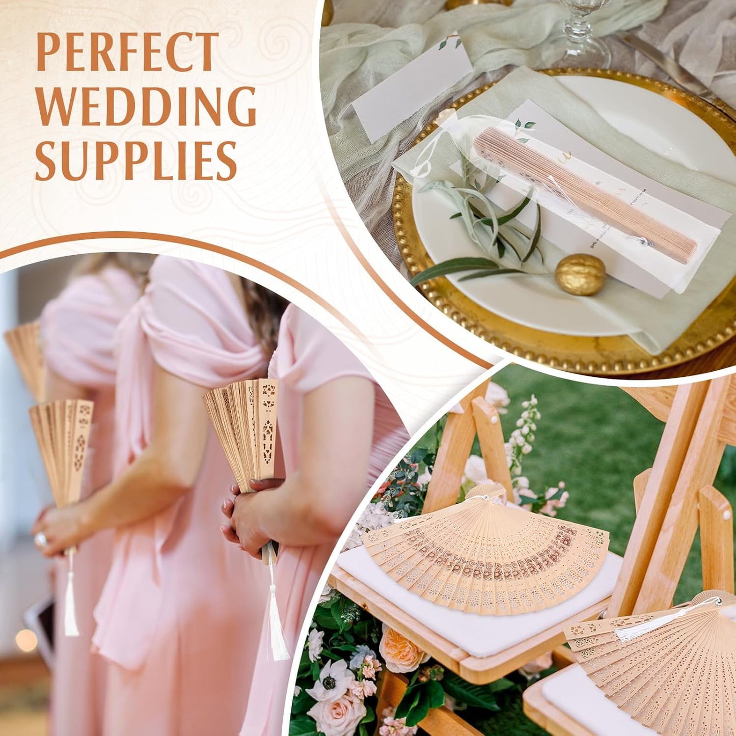 Qunclay 60Pcs Wooden Hand Fans Folding Wedding Fans for Guest Chinese Hollow Pattern with White Tassel and Gift Bag for Wedding Bridal Shower Birthday Party Favors Gift and Home Decor(Mixed Style)