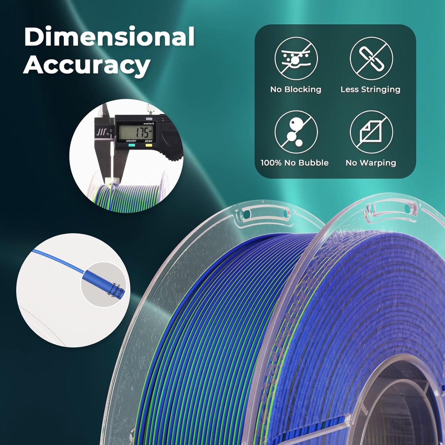 AMOLEN Silk PLA 3D Printer Filament, Silk Dual Color Blue Green PLA Filament 1.75mm, Shiny Coextrusion PLA Filament, Color Change 3D Printing Filament 1KG/2.2lb