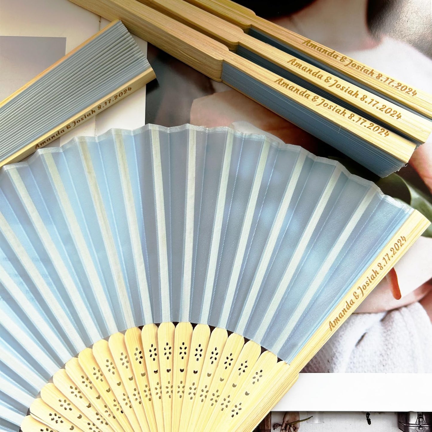 20 Pcs Personalized Light Blue Folding Hand Fans, Summer Wedding Fans, Personal Handheld Folding Fans Wedding Favors, Custom Imitated Silk-Bamboo Fans for Guests