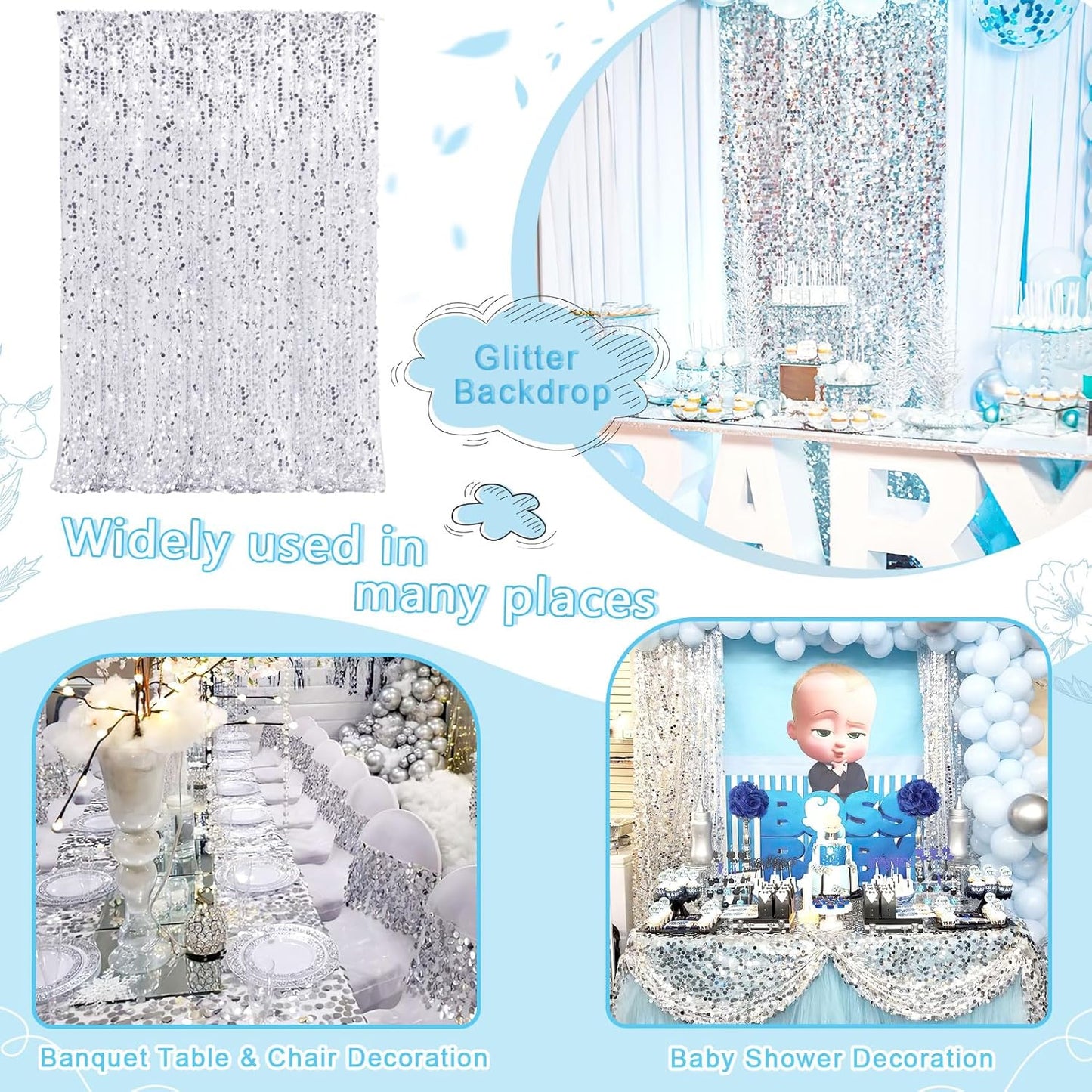 Silver Backdrop Curtain 4ftx8ft Seuin Backdrop Curtains Wedding Reception Cake Table Background Panels Wall Decor for Birthday Party