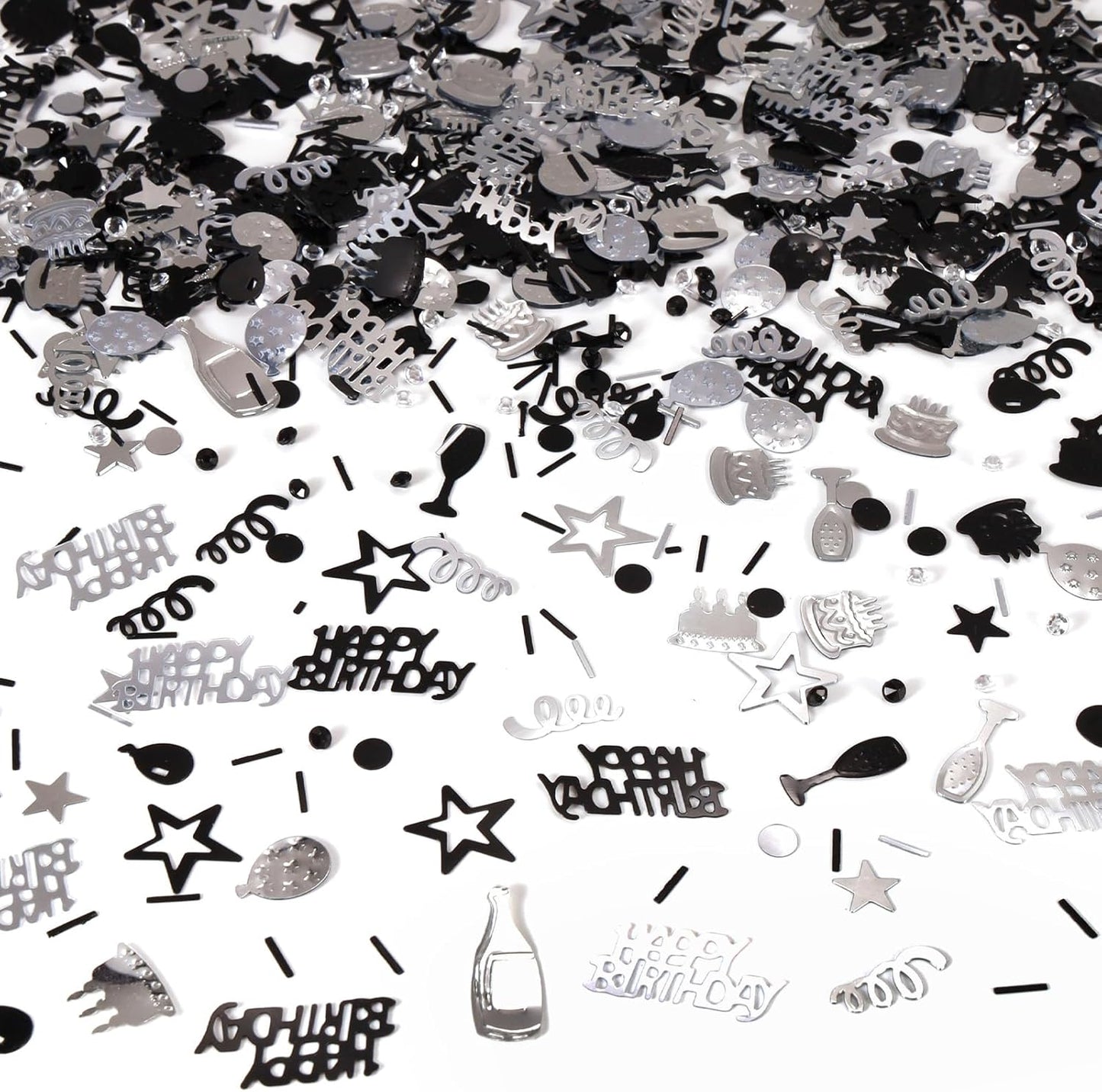 Silver and Black Happy Birthday Confetti, 3000 Pcs Birthday Cake Table Metallic Foil Confetti Party Table Decor for Party, Baby Shower, DIY Arts and Crafting