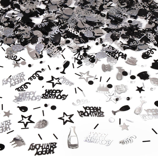 Silver and Black Happy Birthday Confetti, 3000 Pcs Birthday Cake Table Metallic Foil Confetti Party Table Decor for Party, Baby Shower, DIY Arts and Crafting