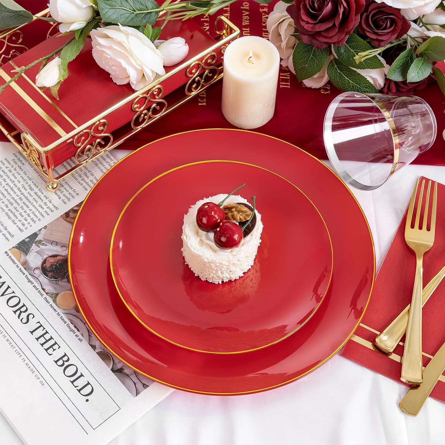 NOCCUR 350PCS Red Plastic Plates - Disposable Red Gold Dinnerware Set for 50 Guests, 100 Dinner/Dessert Plates, 150 Gold Silverware, 50 Cups&50 Napkins for Party/Wedding/Birthday/Christmas