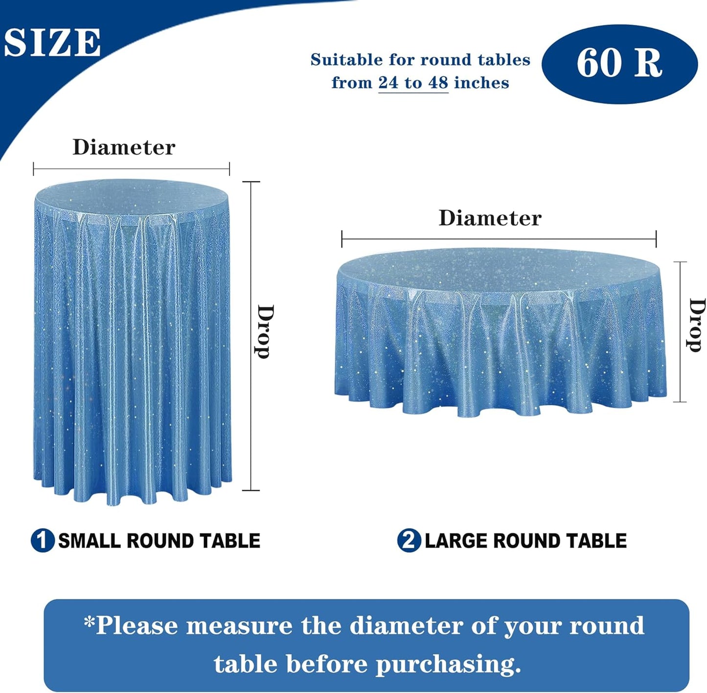 Fitable Blue Sequin Tablecloth for Parties 60 Inch Round - Sparkle Glitter Laser Round Overlay for Wedding Baby Shower Holiday Banquet, Best for 24-48inch Diameter Round Table