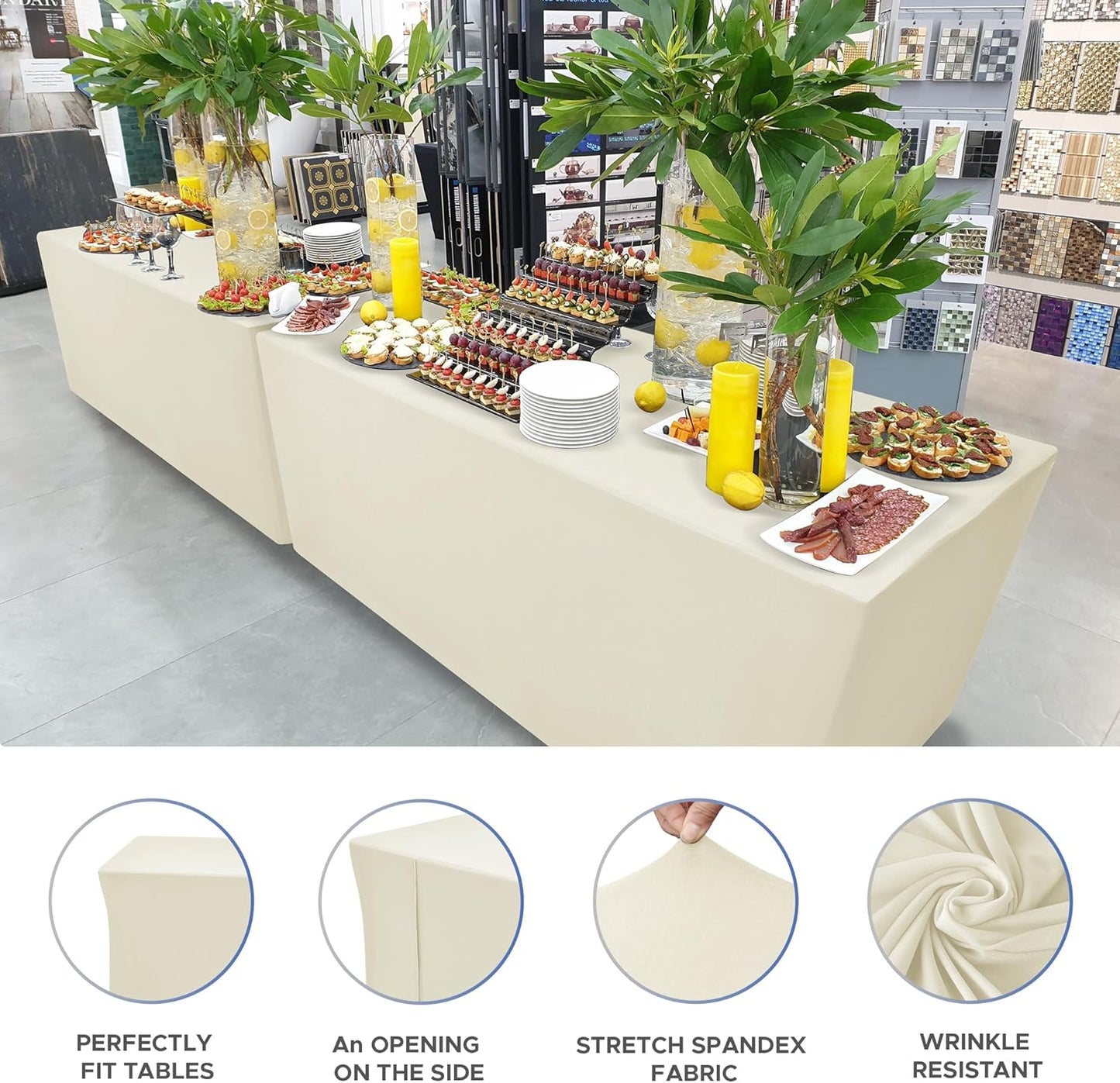 Nasitos Spandex Fitted Table Clothes, 2 Pack - 48 x 24 Inch - Beige Rectangle Tablecloths for 4 Foot Tables, Fabric Cover Protector for Folding, Parties, Craft Show, Trade Show