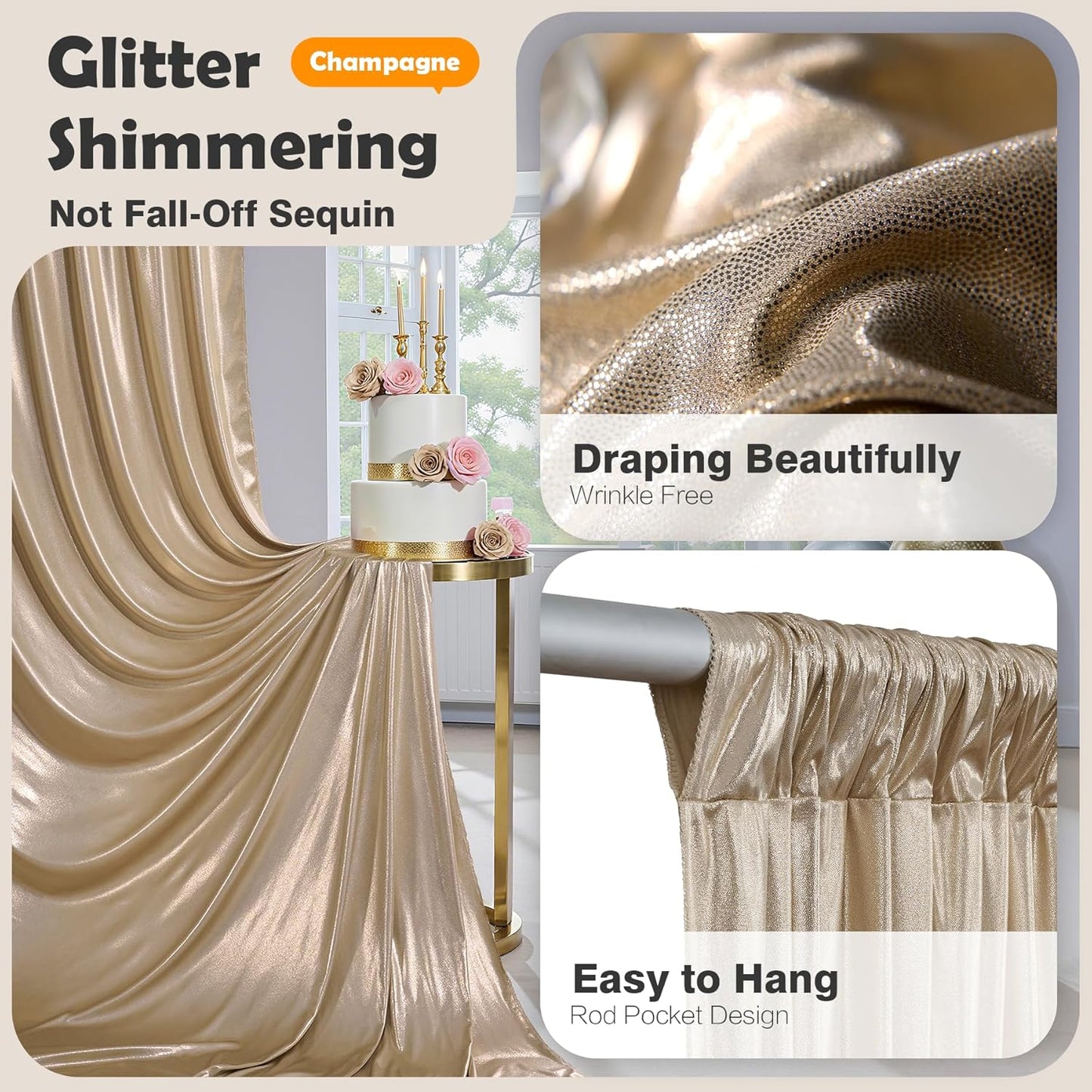 10x10 Champagne Sequin Backdrop Curtain with Lights-Wrinkle Free Thick Glitter Backdrop Drapes for Wedding Parties Events Halloween Decor-2 Panels 5×10ft Shimmer Photo Booth Background for Photography