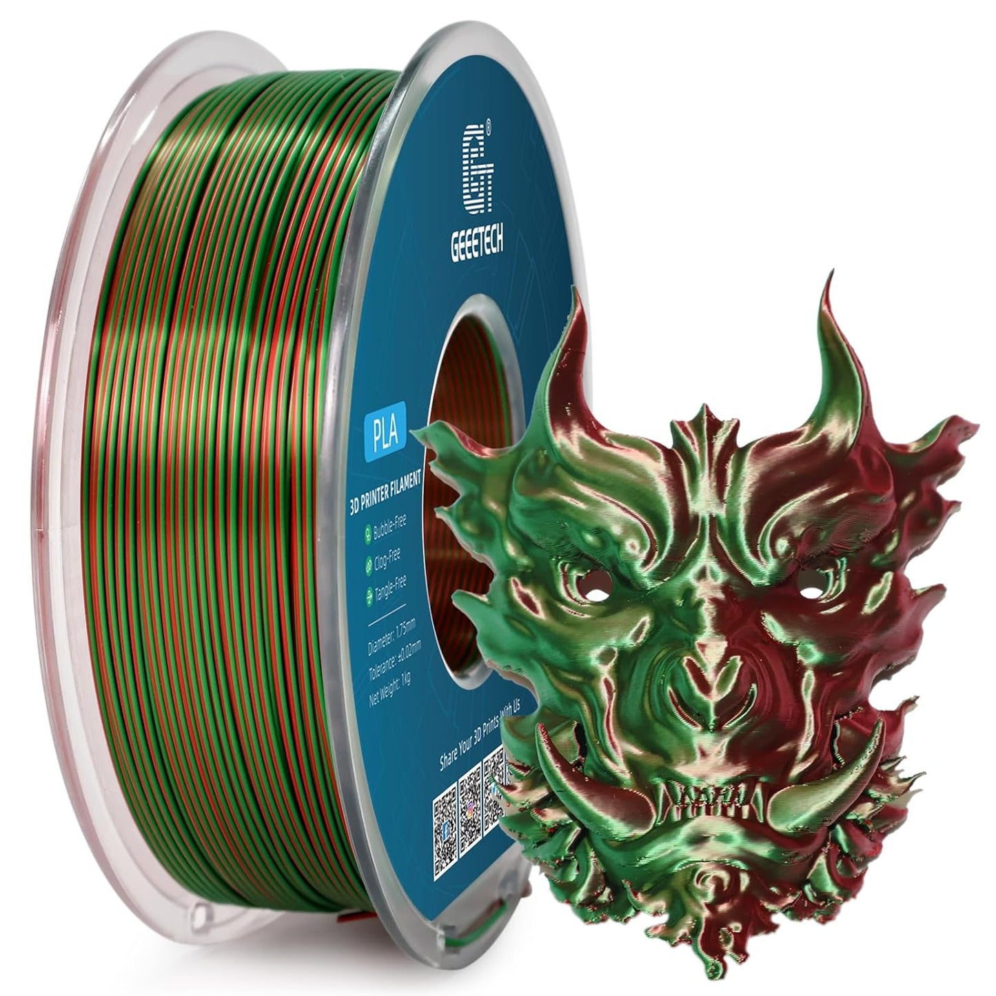 Geeetech Silk PLA Filament 1.75mm Silk Dual Color Filament, Coextrusion Dichromatic Metal-Like Shiny Consumable 1kg (2.2lbs) 1 Spool, Dimensional Accuracy +/- 0.02 mm, Green Red