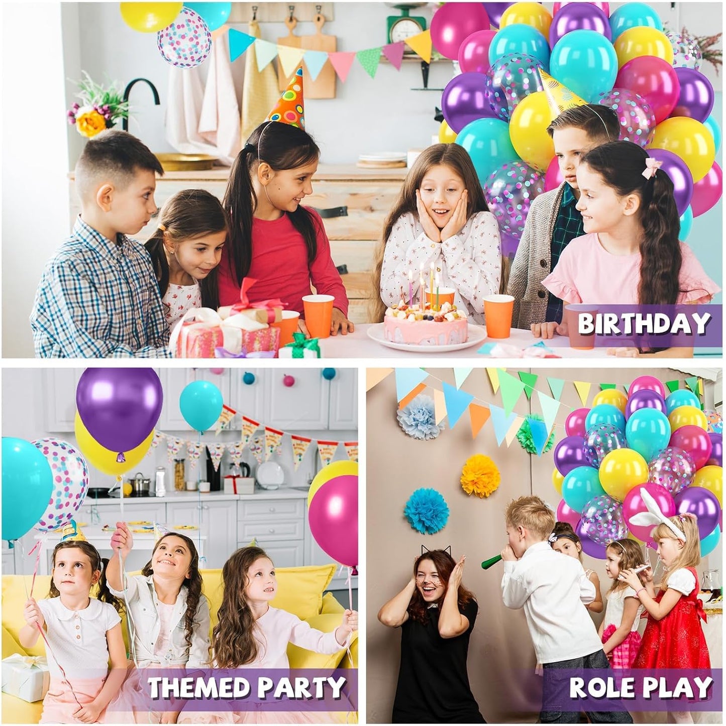 Paready Pink Blue Purple Balloons, 50 PCS Rainbow Party Balloons, 12 Inch Hot Pink Teal Blue Metallic Purple Yellow Confetti Balloon for Girls Magic Theme Baby Shower Birthday Wedding Party Decoration