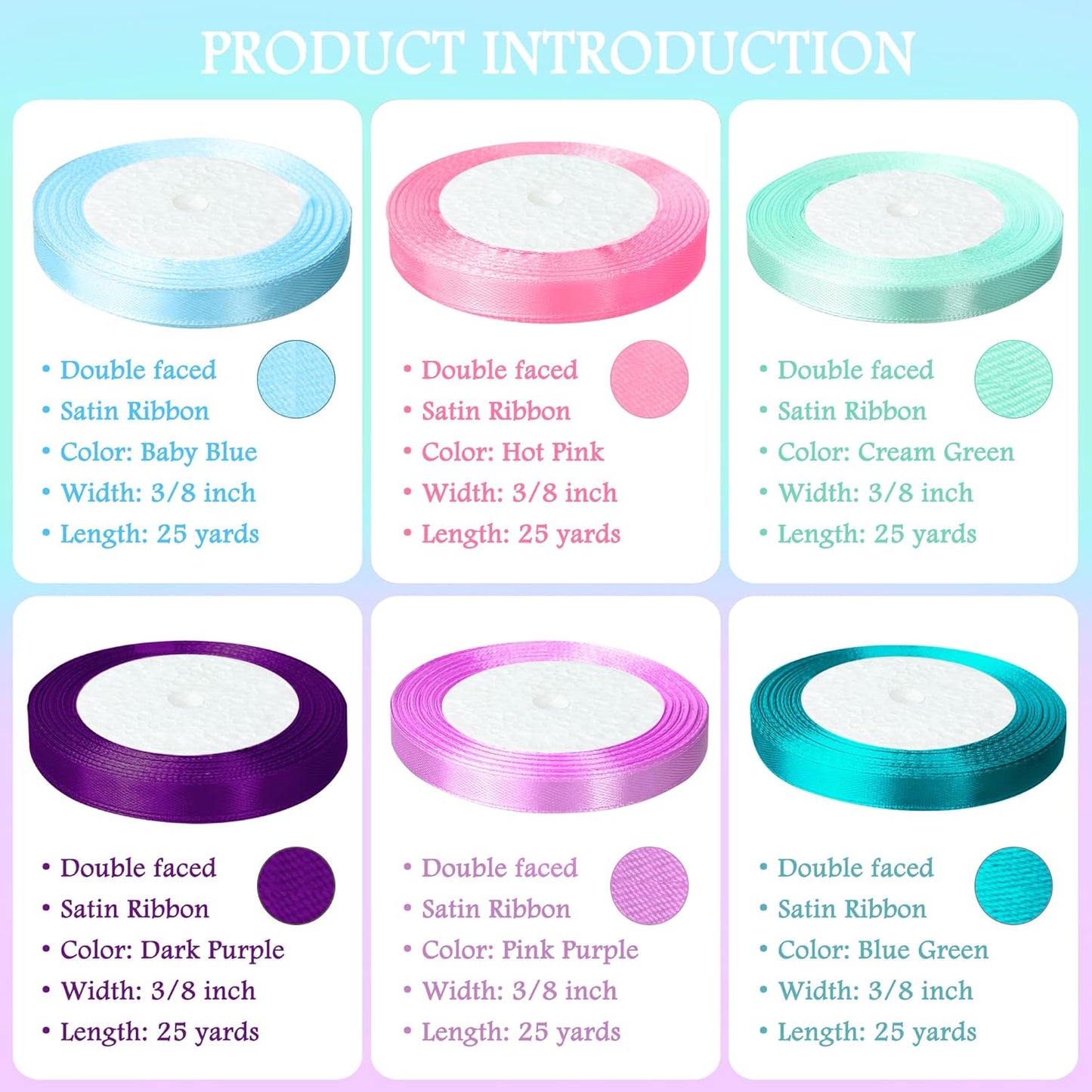 3/8" 6 Colors X 25 Yards Pink Green Blue Satin Ribbon,150 Yards Assorted Colors Satin Ribbons for Flower Bouquet,Ribbons for Gift Wrapping Happy Birthday Party Decorations