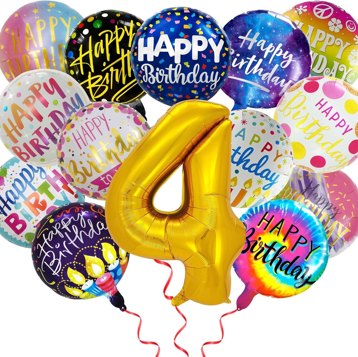 50 Pcs Happy Birthday Party Aluminum Foil Balloons and 4th Birthday Balloons, 18 Inch Round Aluminum Foil Balloon with" Happy Birthday" Sign, Birthday Party Decorations for Boys/Girls (4)