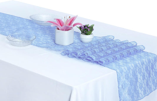 MDS Pack of 20 Wedding 12 x 108 inches Lace Table Runner for Wedding, Decorations for Birthday Parties, Banquets, Graduations, Engagements, and Runners fit Rectangle, Round Table- Baby Blue