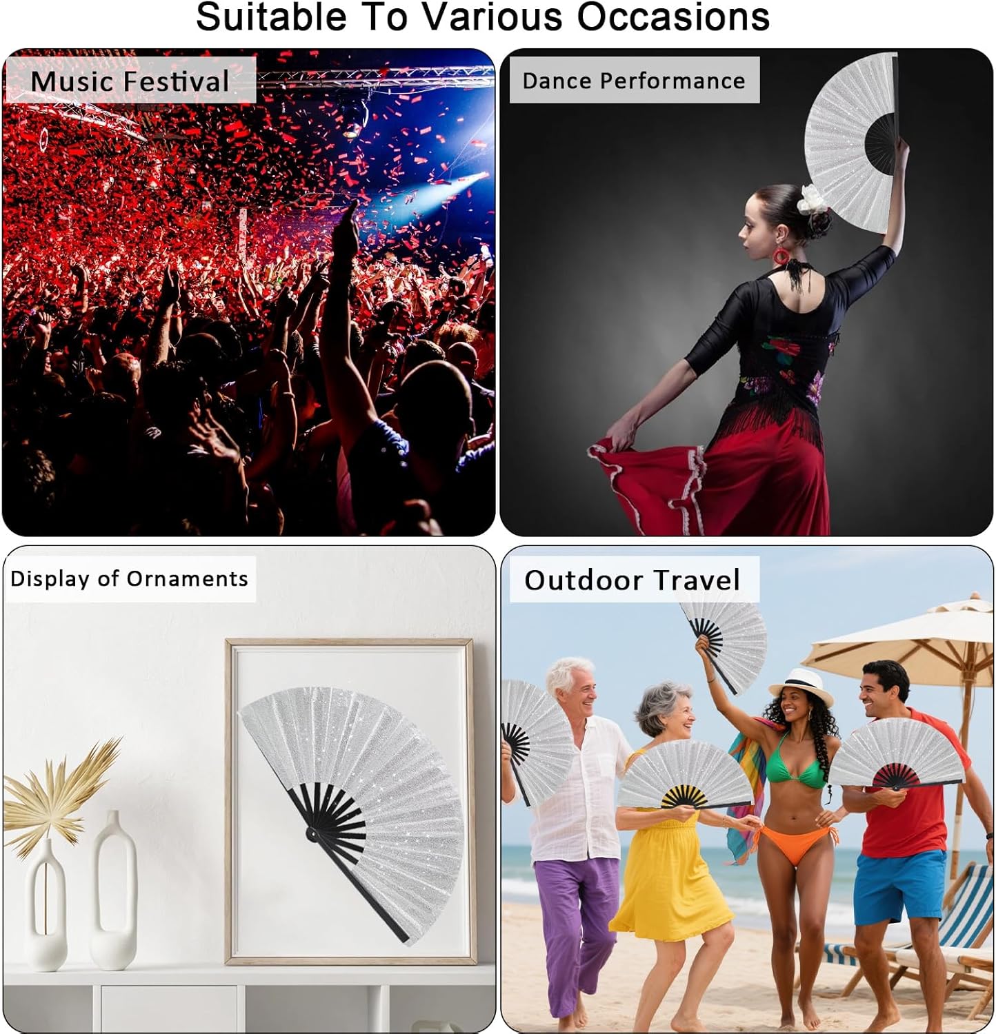 Glitter bling Large Folding Fan-Hand Fan Rave Clack Popping Fan for Line Dancing Clacking Fans for Boots On The Ground Dance, Party for EDM, Music Festival, Hot Flashes, Party, Decoration(1pcs silver)