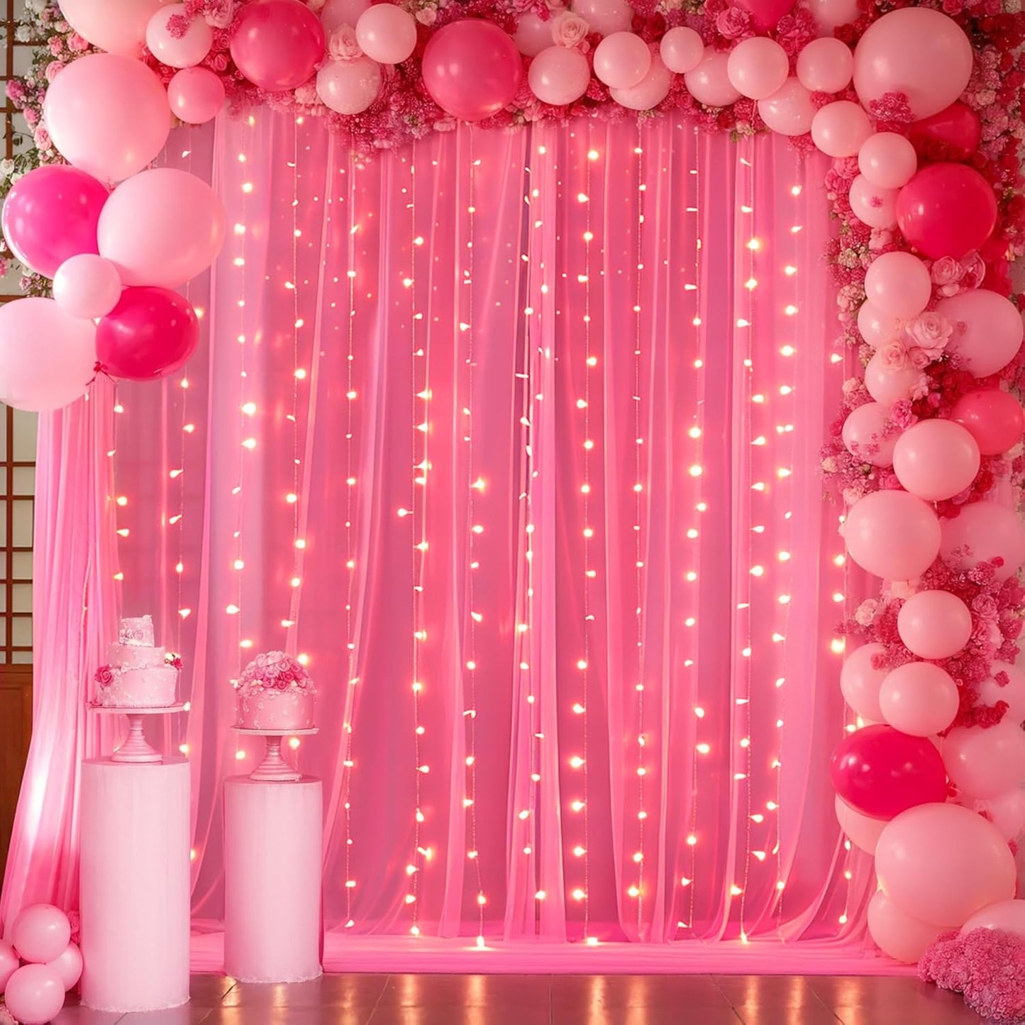 10ft x 10ft Hot Pink Tulle Photo Backdrop Curtain with Lights String for Parties Wedding Sheer Fuchsia Curtain Backdrop for Birthday Party Bridal Shower Photo Booth Photography Background Decorations