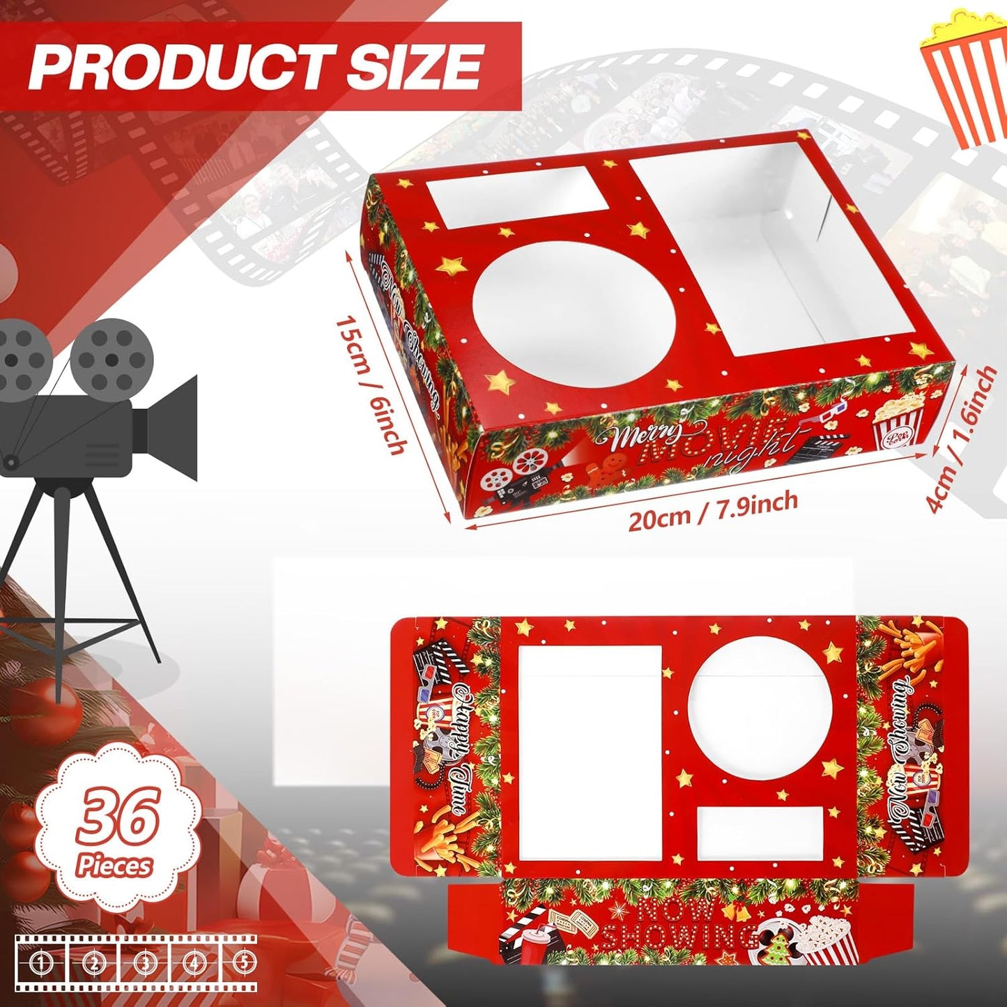 Faccito 36 Pcs Movie Night Snack Trays Movie Theater Snack Boxes Night Supply Disposable Paper Holder Tray for Popcorn Food Candy Drink Party 8 x 6 Inch(Red Green,Holly Style)