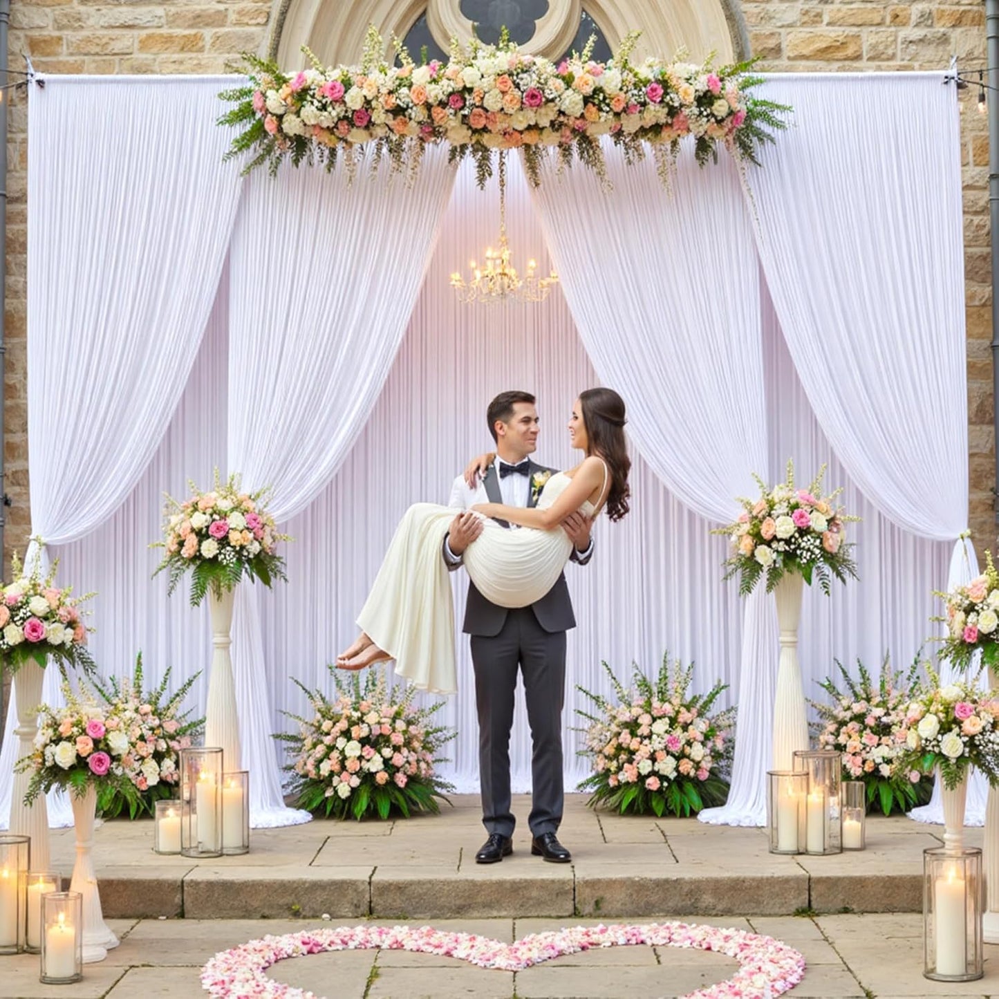 20×12ft White Wrinkle Free Backdrop Curtain for Wedding Parties, 4 Panels 5×12 ft Long Soft Silky Washable Polyester Photo Backdrop Drapes for Birthday Baby Shower Photography Background Cloth