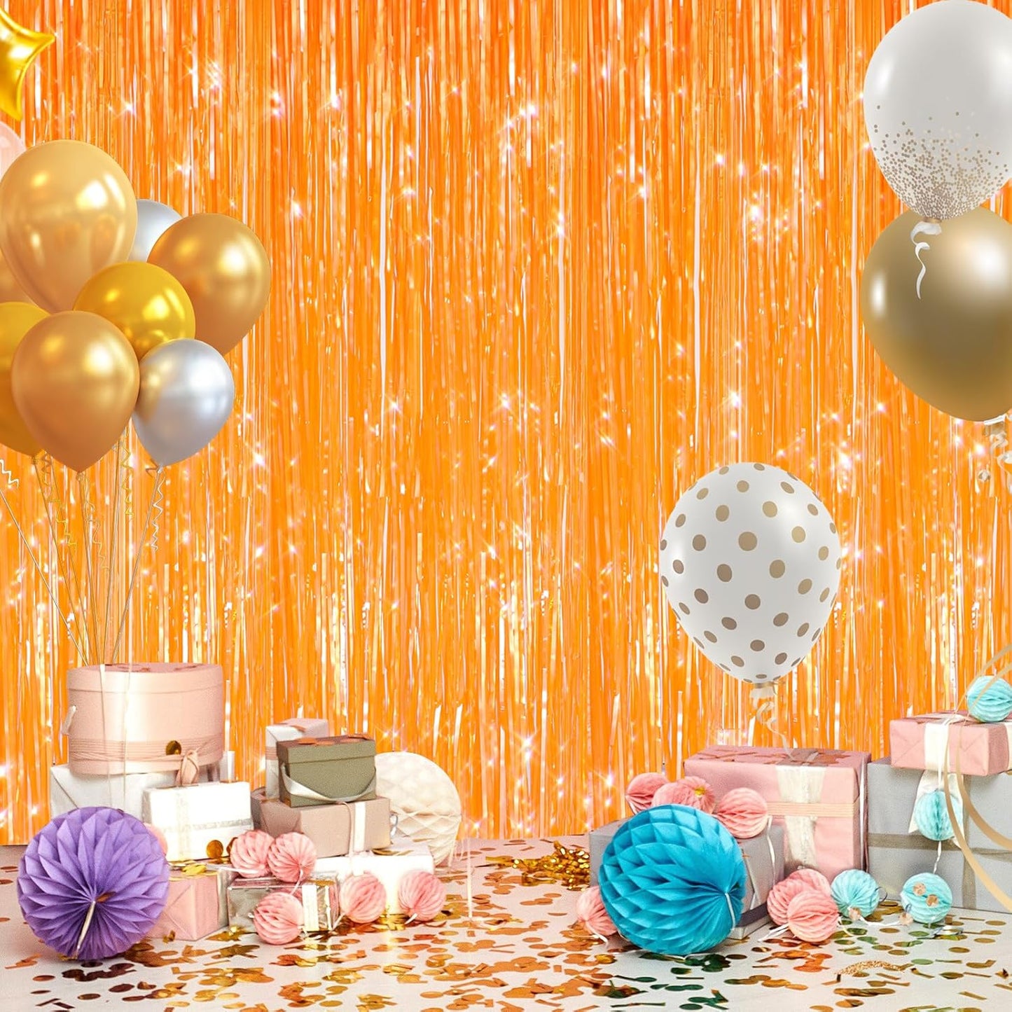 GCB 2Pack Orange Fringe Curtain Party Streamers, Foil Fringe Backdrop Curtains for Birthday Decorations Wedding Graduation Bridal Baby Shower Tinsel Streamers Orange Party Decorations Door Streamer