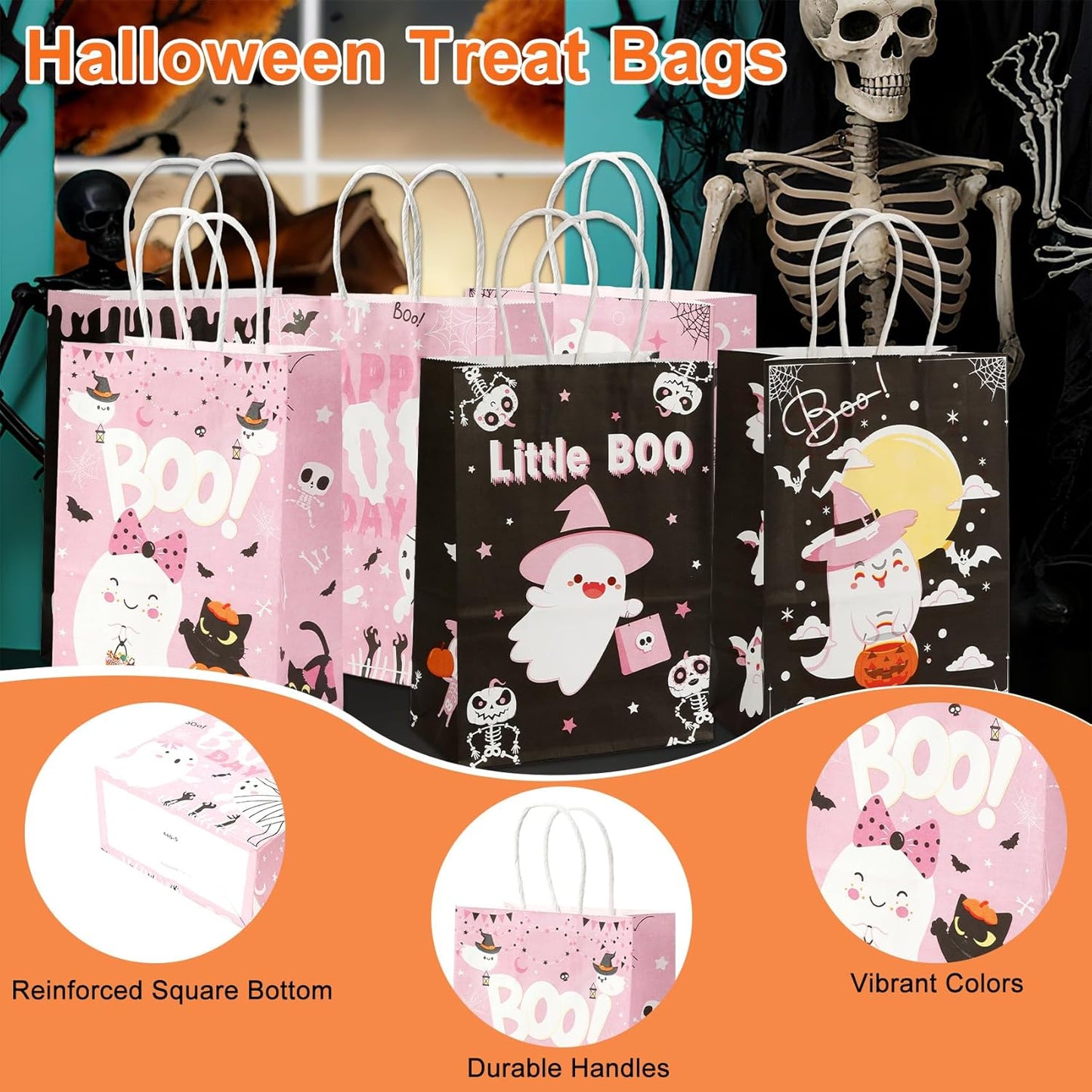 24 Pcs Halloween Paper Gift Bags, 6 Styles Halloween Goodie Bags with Handles, Halloweens Treat Bag Party Favors Bag Holiday Trick or Treat Party Supplies