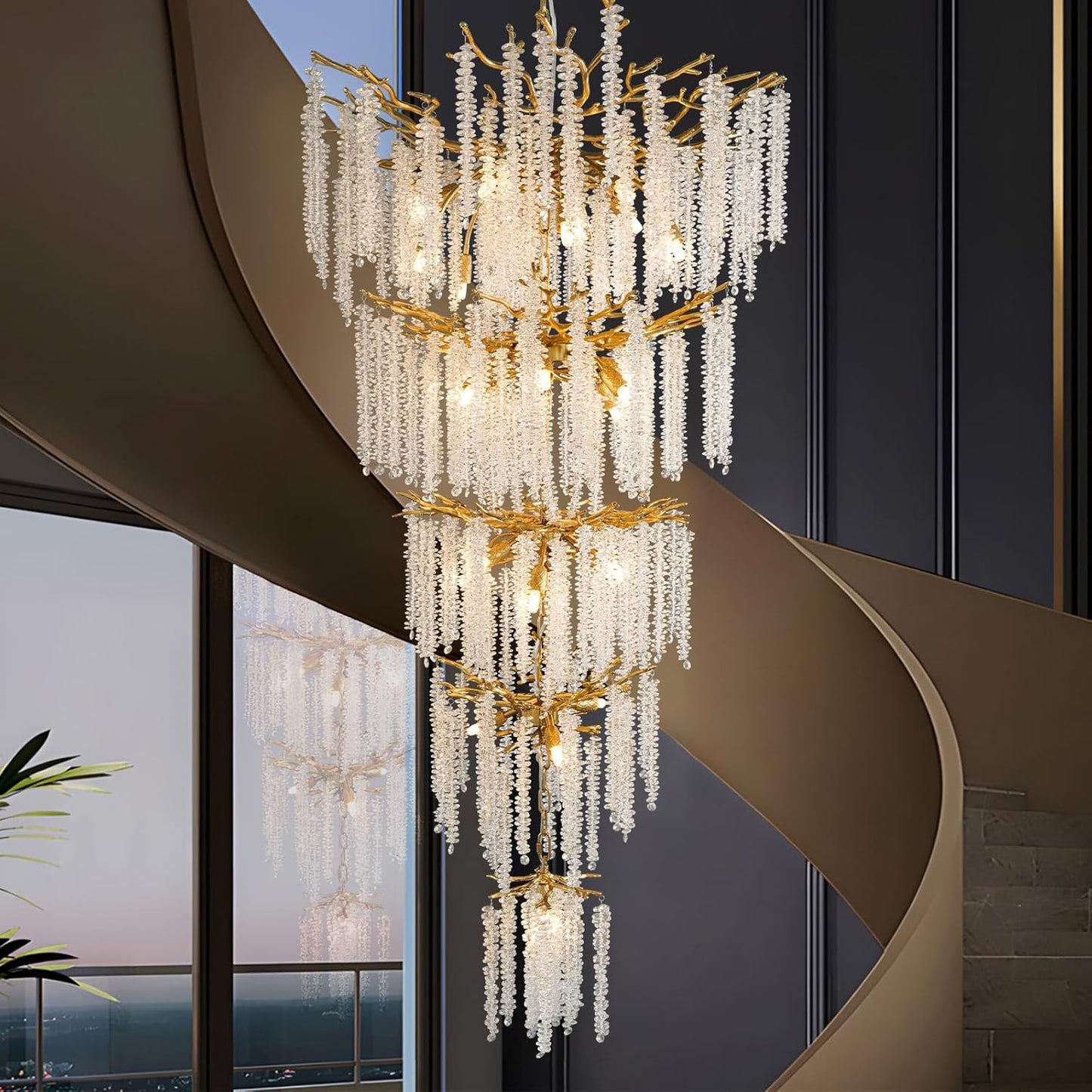 YUYI Upgraded 118'' Long Crystal Chandelier for High Ceiling, 28-Light Modern Gold Tree Branch Chandelier, Large Chandeliers for Foyer, Entryway, Staircase, 5-Tier Luxury K9 Raindrop Light Fixtures