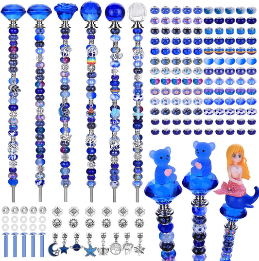 AIPRIDY 158 Pcs DIY Fairy Wand Garden Stakes Kit,Multiple Color Scheme European Beads Crystal Diamond Tops and 12 or 10 Inch Threaded Rods,Stainless Steel Stakes with Diamond Toppe(Sapphire Blue)