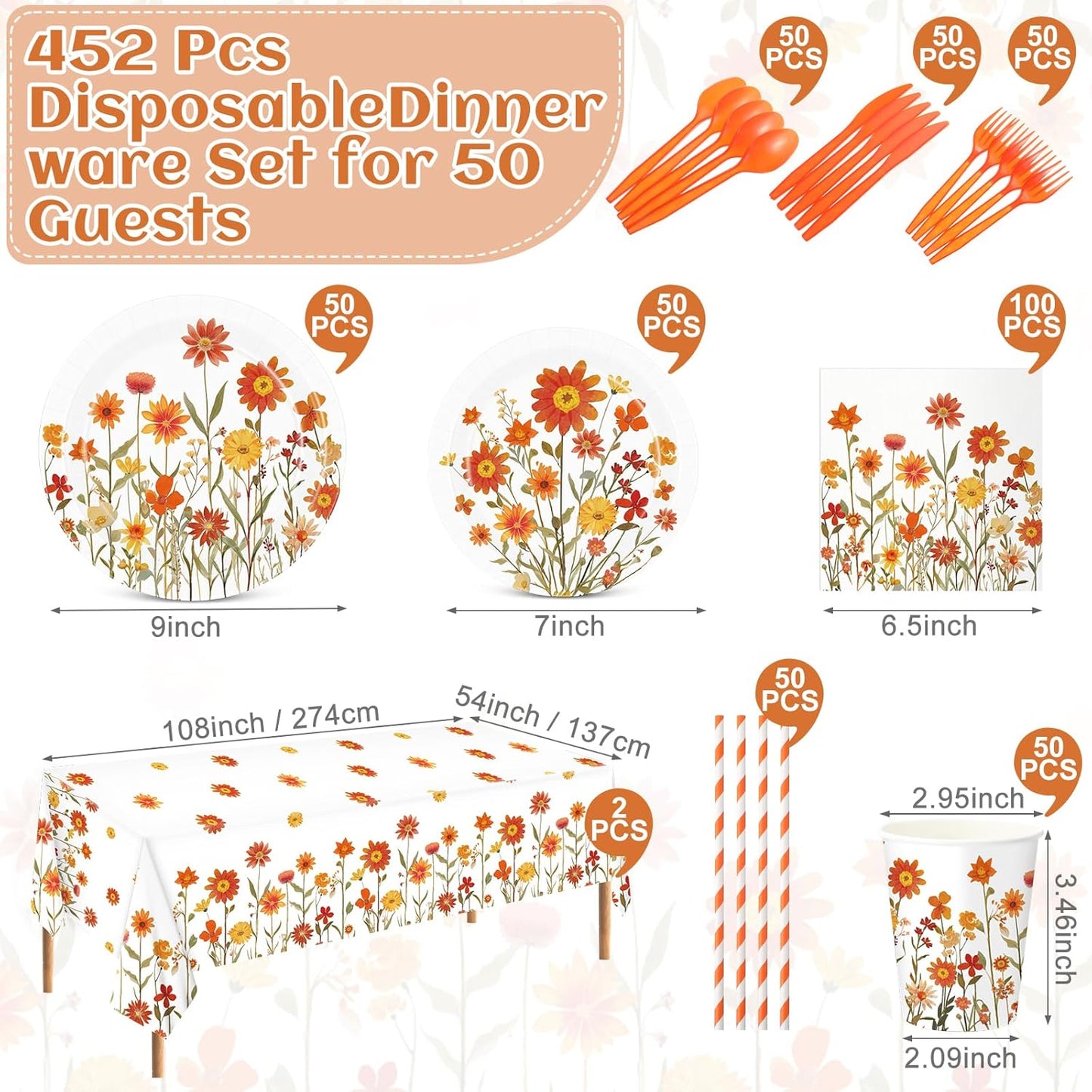 452 Pcs Fall Floral Party Supplies Orange Wildflower Tableware Set, Fall Floral Paper Plates Napkins Cups Tablecloth Cutlery Straw for Thanksgiving Autumn Harvest Wedding Birthday Decoration