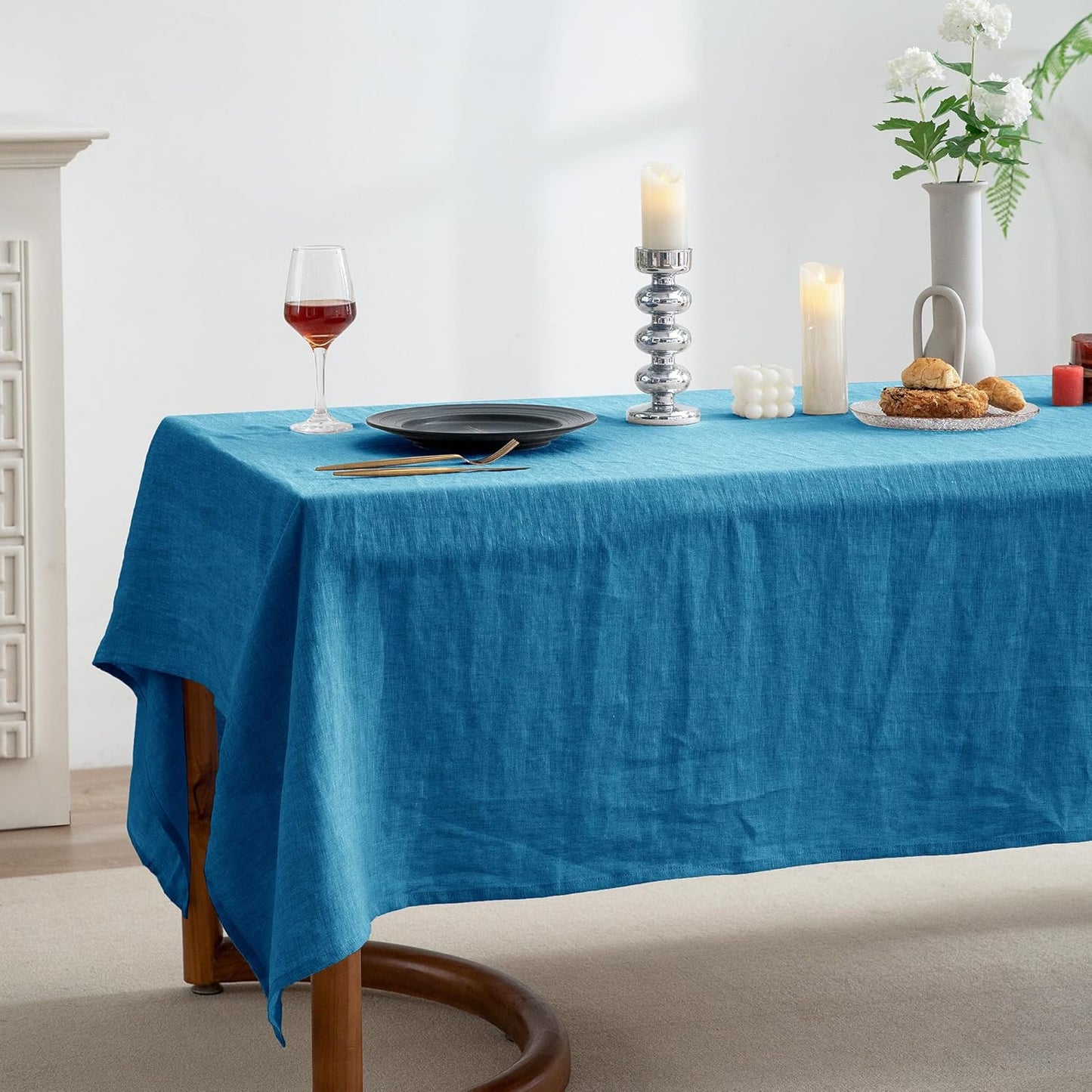 EVERLY 100% Pure Linen Rectangle Tablecloths 60x120Inches for Dining,Buffet Parties,Picnic,Events,Weddings and Restaurants,Decorative Halloween,Thanksgiving Machine Washable Tablecloths-Blue