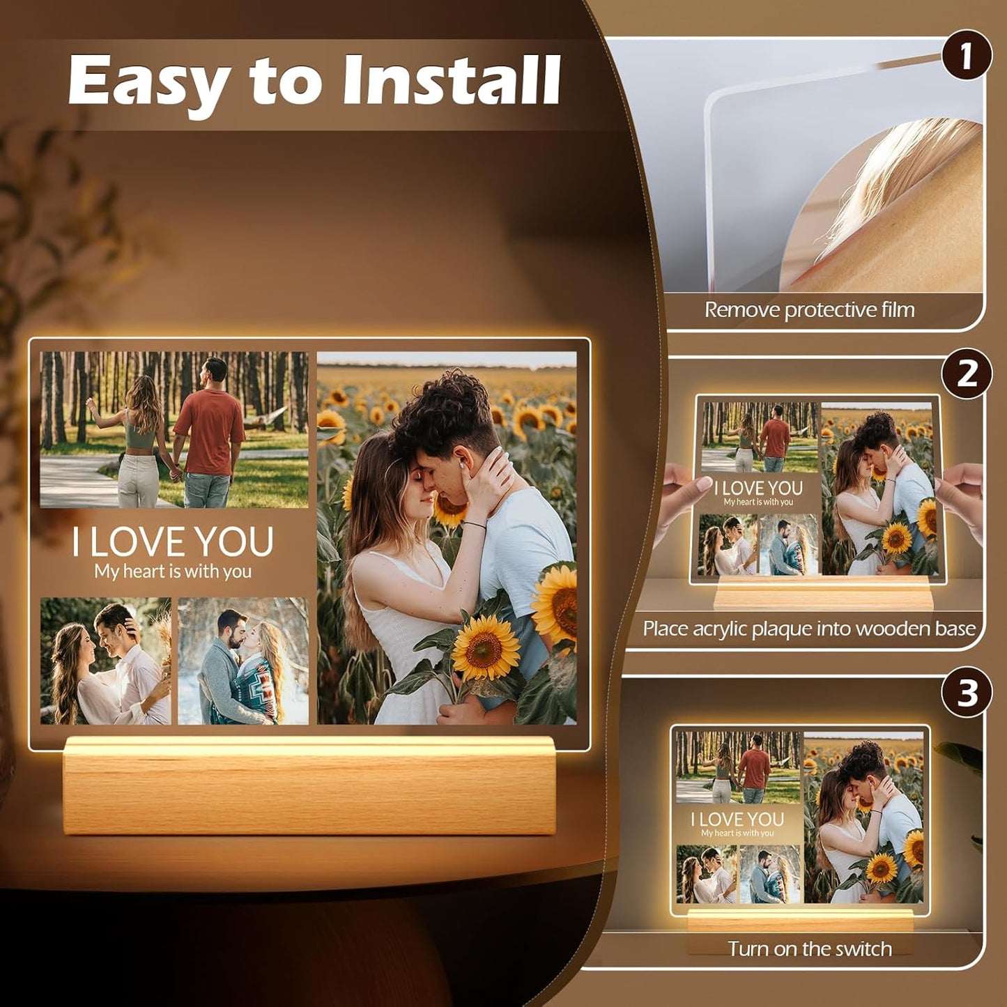 Personalized Anniversary Birthday Gifts for Women & Men, Custom Picture Frames with Photo, Personalized Photo Frame with Night Light, Custom Photo Gifts for Her, Him, Couple, Boyfriend, Girlfriend