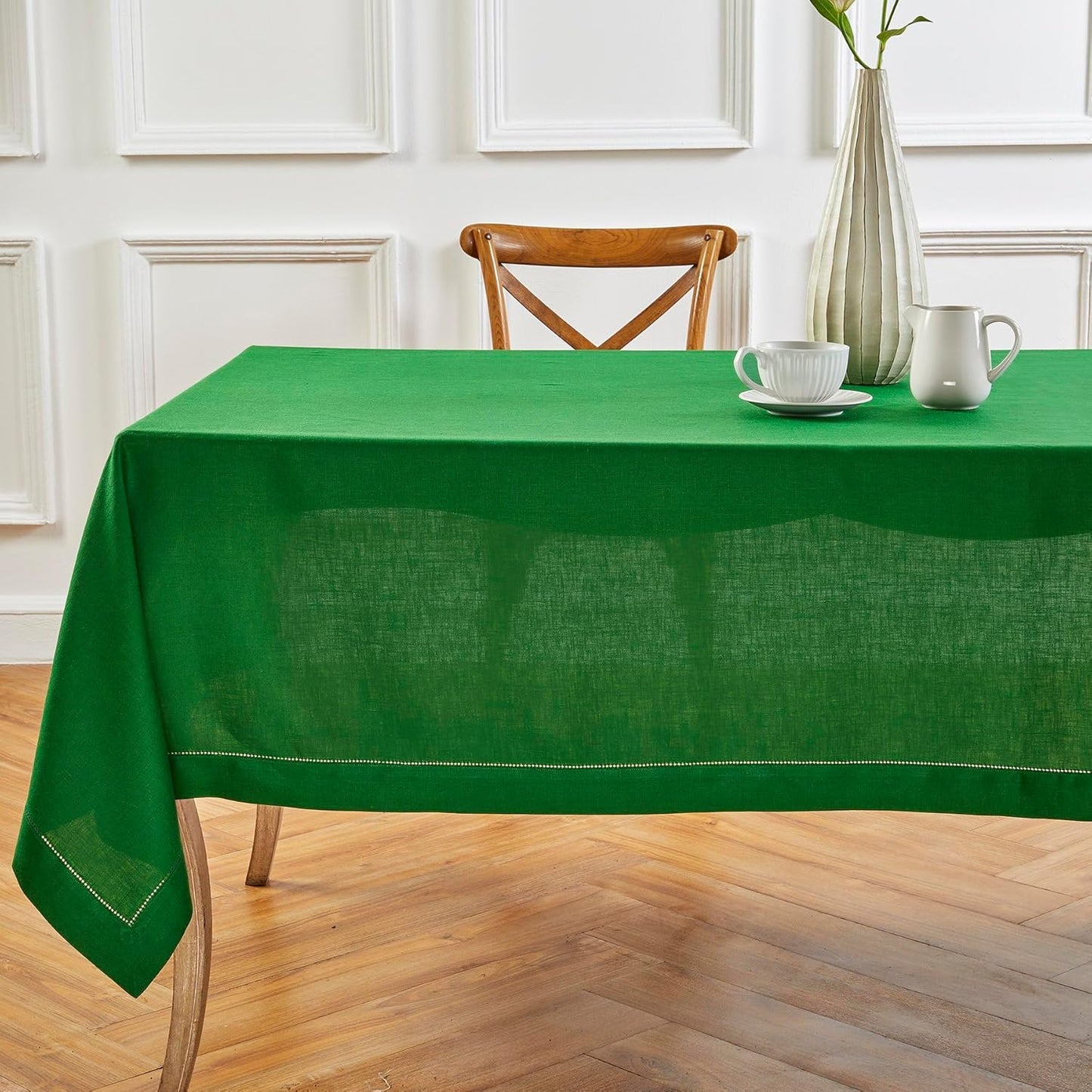 Solino Home Linen Tablecloth 52 x 52 Inch - 100% Pure Linen Garden Green Square Tablecloth - Classic Hemstitch, Machine Washable Table Throw for Christmas