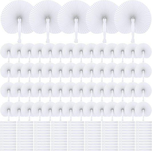 MCEAST 160 Pack Folding Wedding Paper Fans White Handheld Folding Fan Round Shaped Wedding Fans with Plastic Handle for Wedding Birthday Party Favors Supplies Home Decoration (Round)