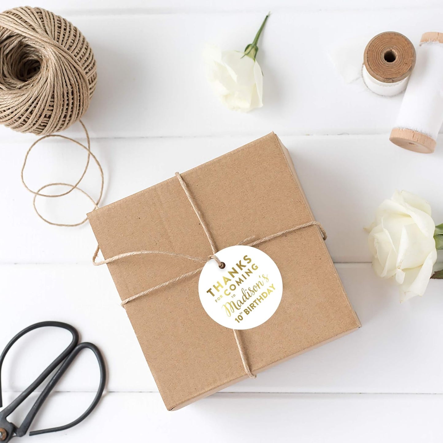 Andaz Press Personalized Round Circle Birthday Gift Tags, Metallic Gold Ink, Thanks for Coming to Madison's 10th Birthday Block Style, 24-Pack, Custom Made Name Age