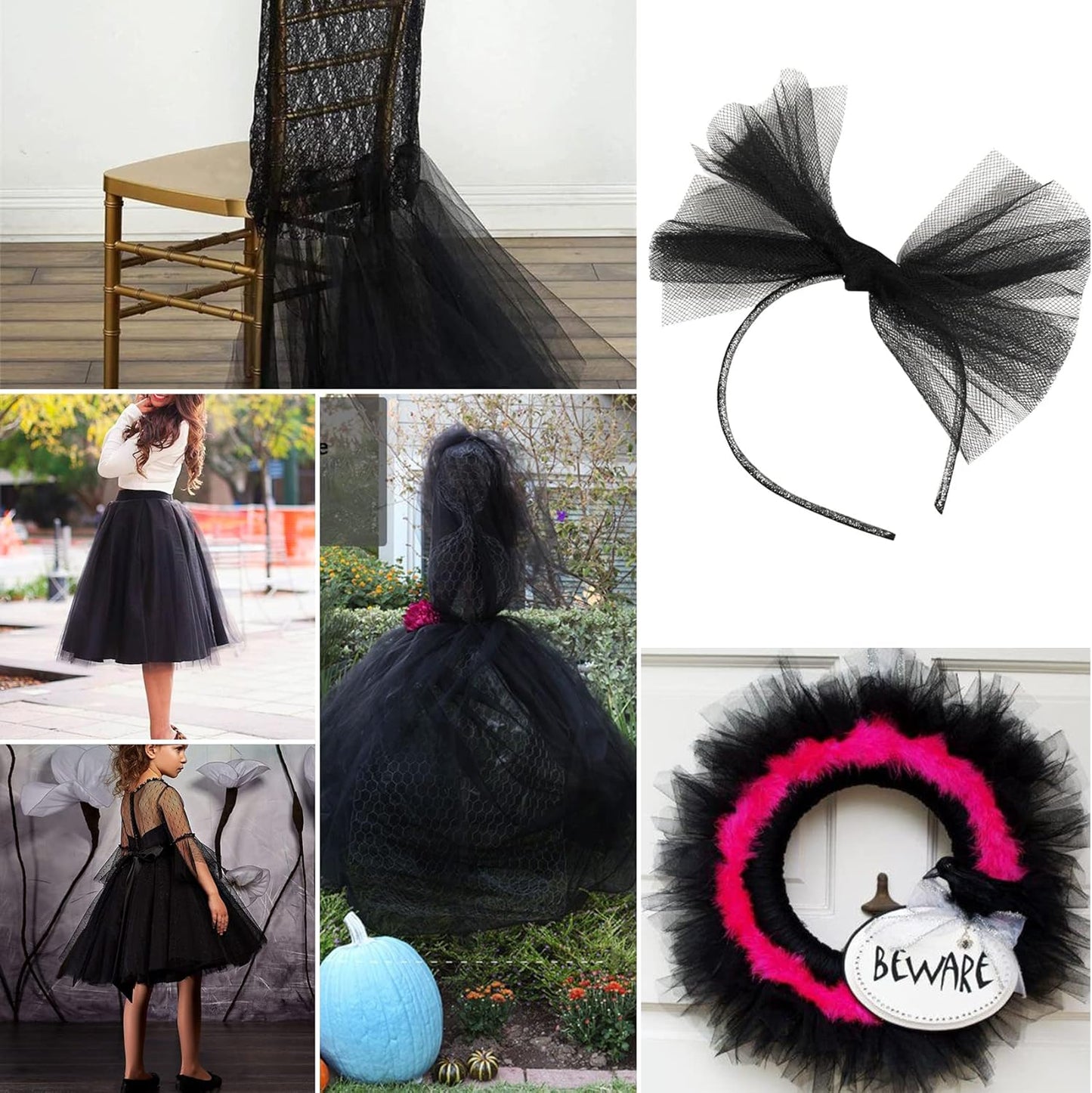 Black Tulle Fabric Rolls 6 Inch by 200 Yards (600 feet) Fabric Spool Tulle Ribbon for DIY Black Tutu Bow Baby Shower Birthday Party Wedding Halloween Decorations Craft Supplies