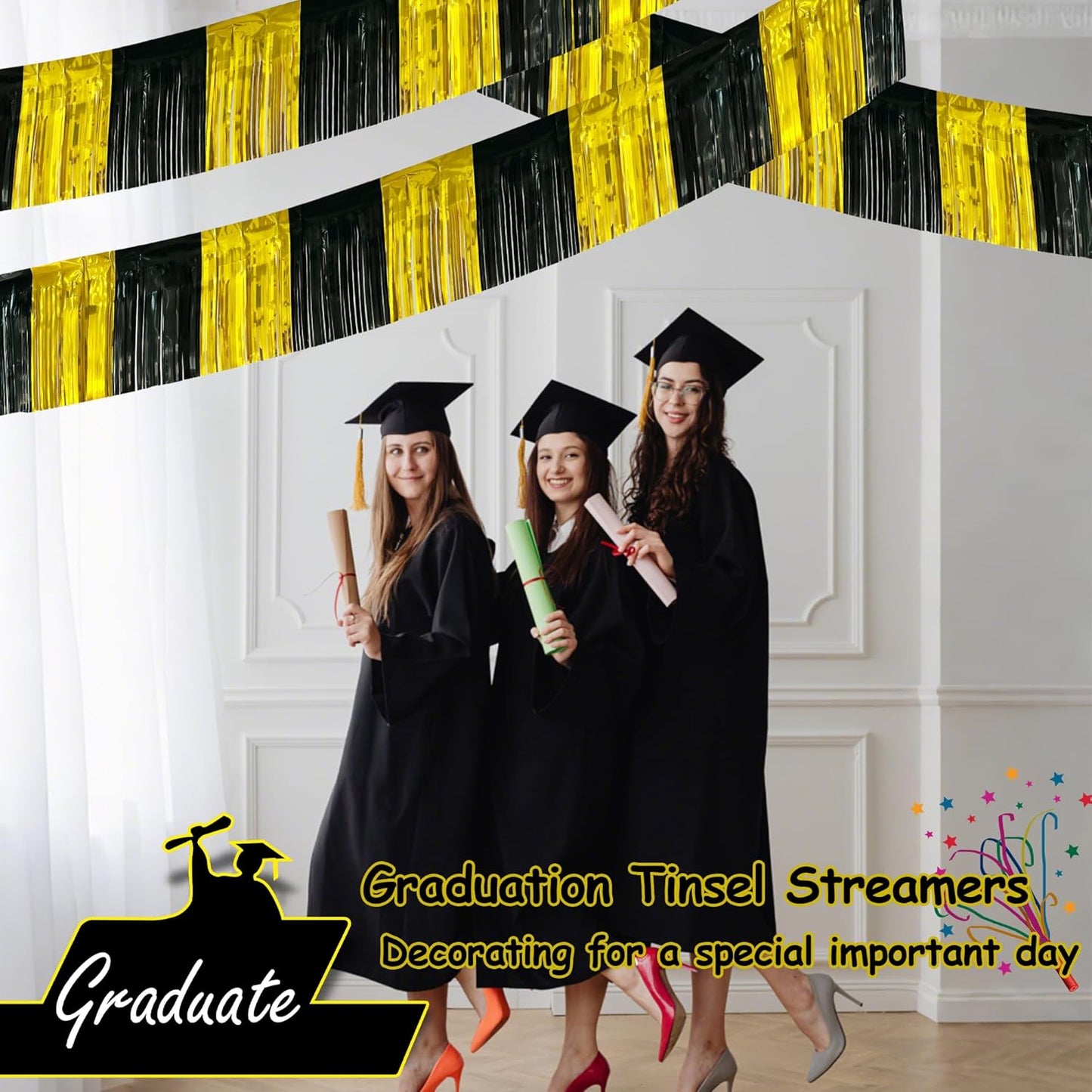 4 Pack 10 Feet Black Gold Foil Fringe Garland Metallic Tinsel Streamers Banner Fringe Curtain Banner for Parade Floats Halloween Graduation Homecoming Birthday Party Decorations (Black, Gold)