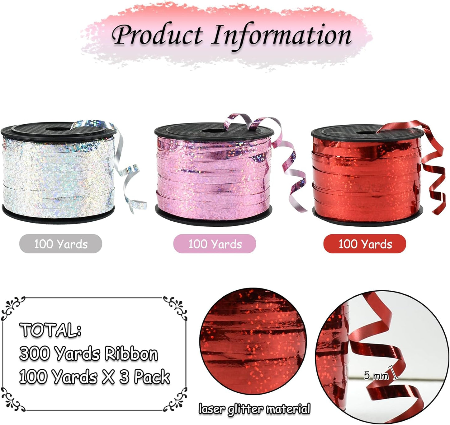 BEISHIDA Red Pink Silver Curling Ribbons Balloon String Ribbons - 3 Pack 100 Yards for Gift Warppping Valentine Day Birthday Christmas Party Decorations