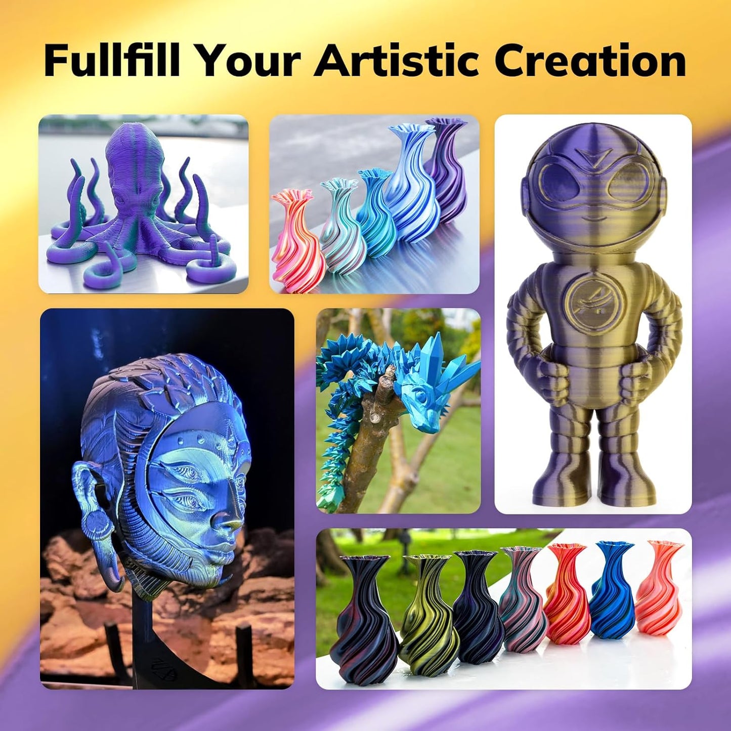 AMOLEN Silk PLA 3D Printer Filament, Dual Color Gold Purple PLA 1.75mm, Shiny Color Change Filament 3D Printing PLA Filament for Most FDM 3D Printer, 1kg Spool(2.2lbs)