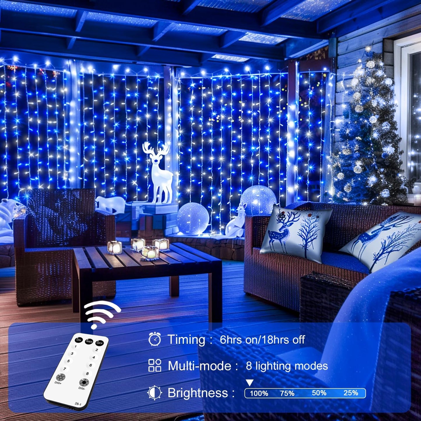JMEXSUSS 300LED Christmas Curtain Lights Plug in with Remote, Blue and White Christmas Lights Indoor Outdoor, 8 Modes Hanging Fairy String Lights for Bedroom Window Wall Yard Patio Decor, 9.8x9.8ft