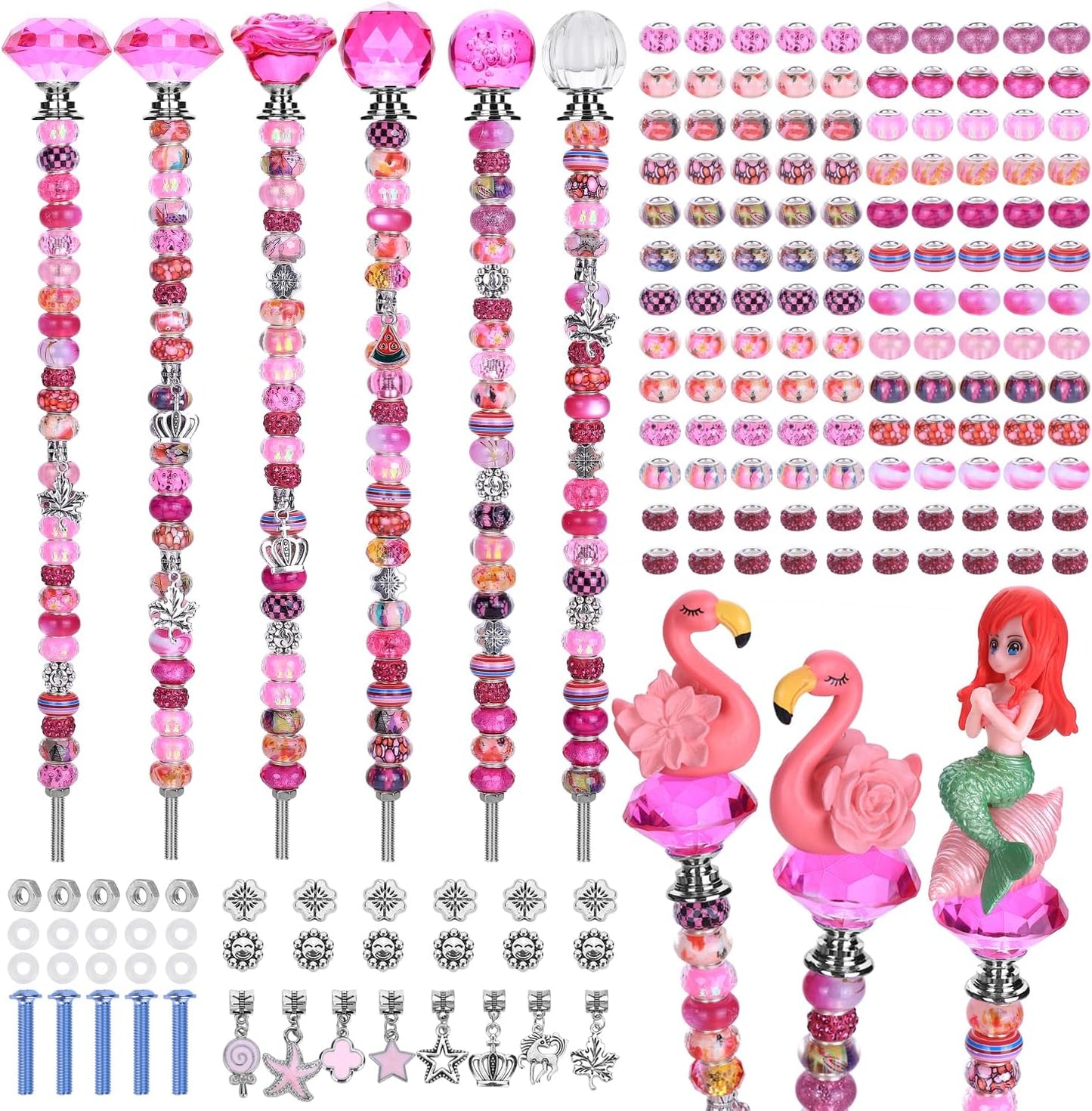 158 Pcs DIY Fairy Wand Garden Stakes Kit,Multiple Color Scheme European Beads Crystal Diamond Tops and 12 or 10 Inch Threaded Rods,Stainless Steel Stakes with Diamond Toppe(Rose Red)