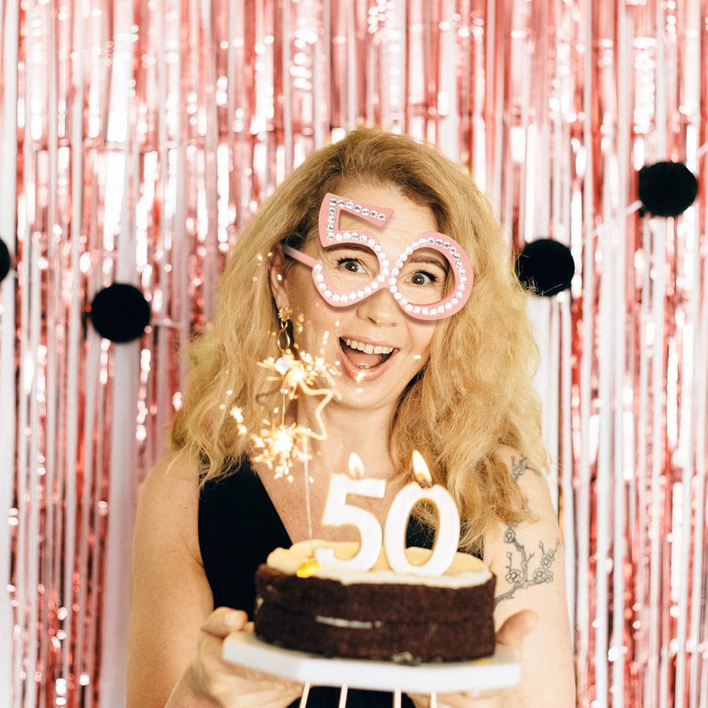 50th Birthday Glasses - 6 Pairs Rose Gold 50 Years Old Glasses with Rhinestones, Funny Plastic Costume Photo Booth Prop