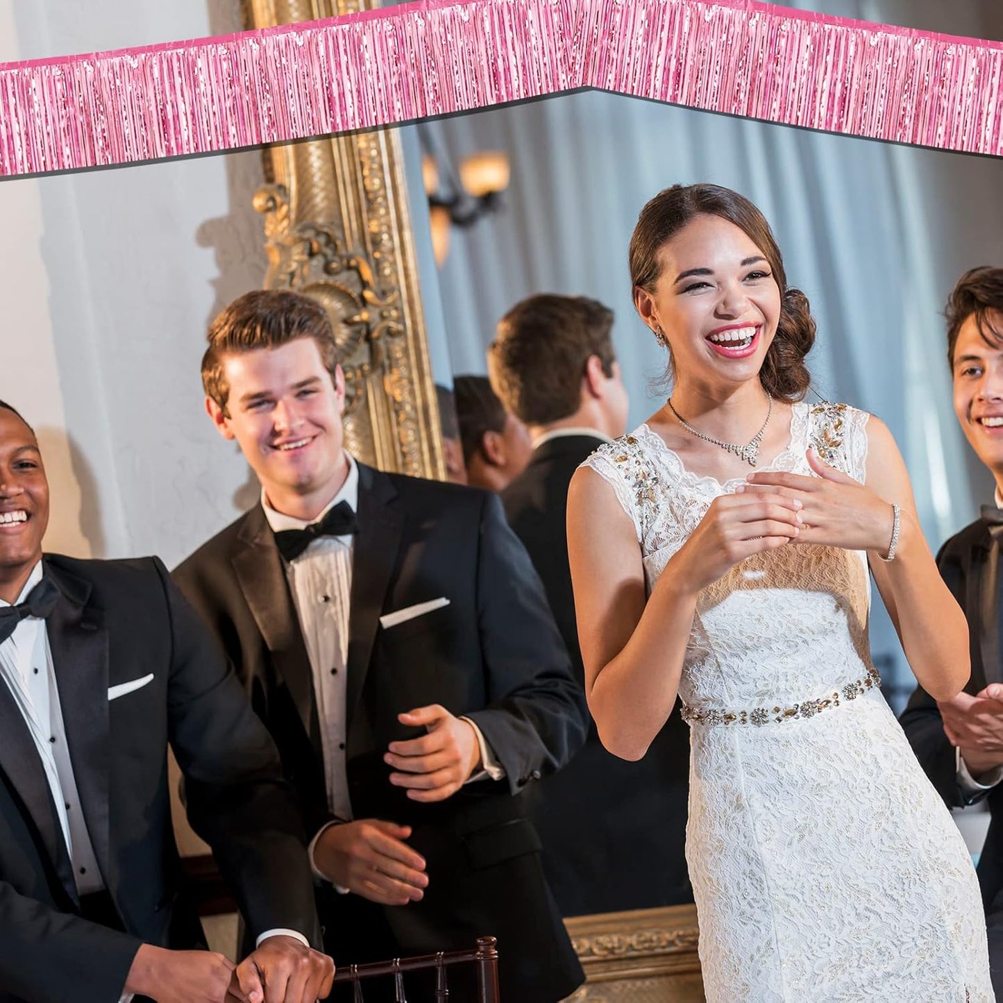 6 Pack 10 Feet Foil Fringe Garland Metallic Tinsel Streamers Banner Wall Hanging Curtain Backdrop Banner for Parade Floats, Thanksgiving, Christmas, Birthday, Halloween Party Decorations(Pink)