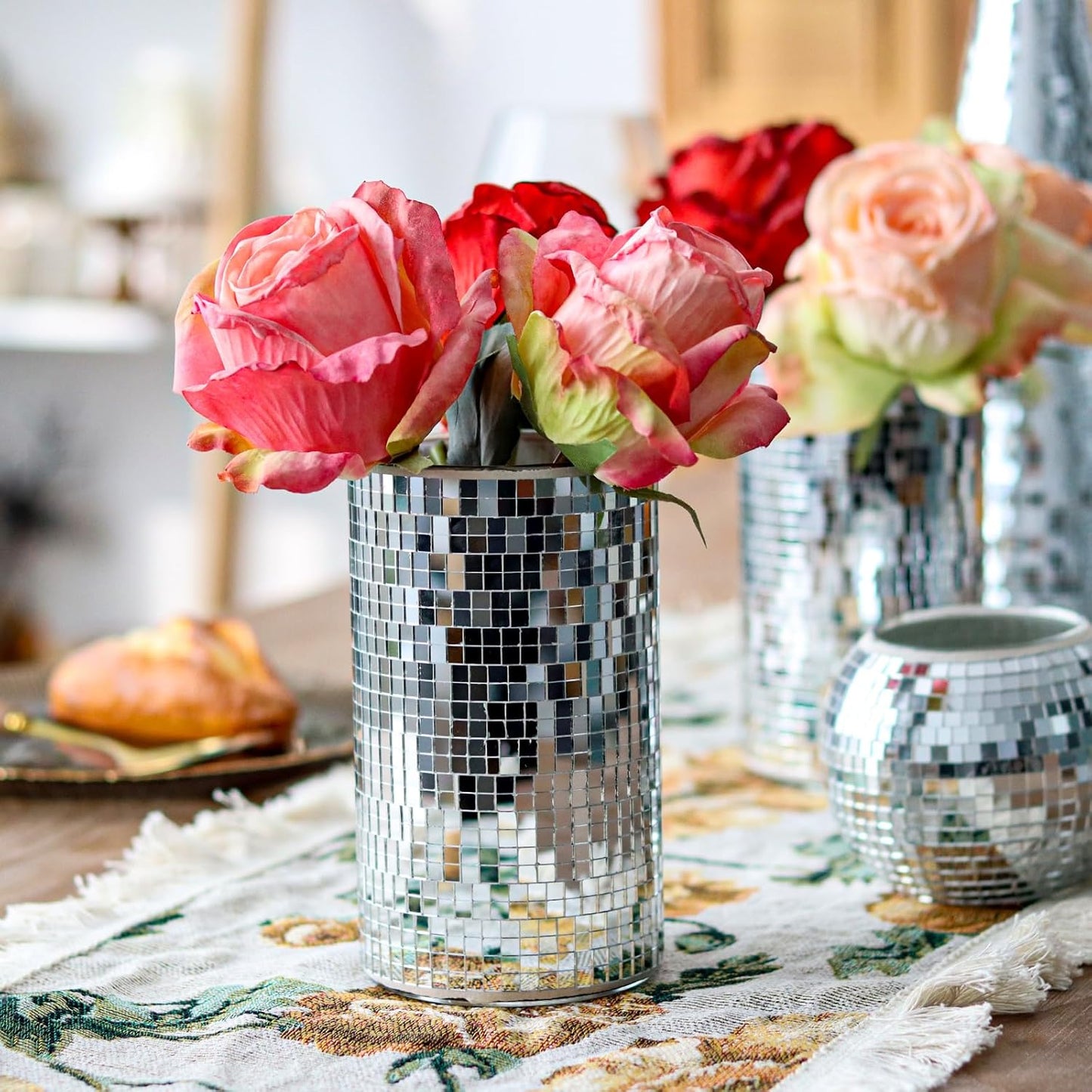 WDHODEC 6 Pcs Disco Vases Bulk Silver Mirror Disco Ball Flower Vase Glass Candle Holder for Wedding Table Centerpieces Decoration 6"