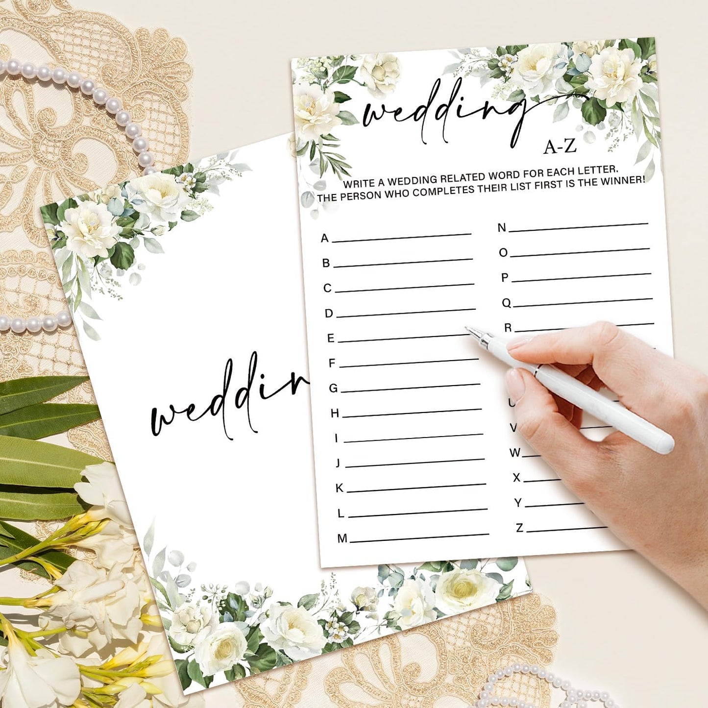 Eucalyptus Bridal Shower Games 30 Guests, Wedding A-Z Bridal Games for Showers, White Rose Wedding Engagement Party Activity Party Supplies/Green-02