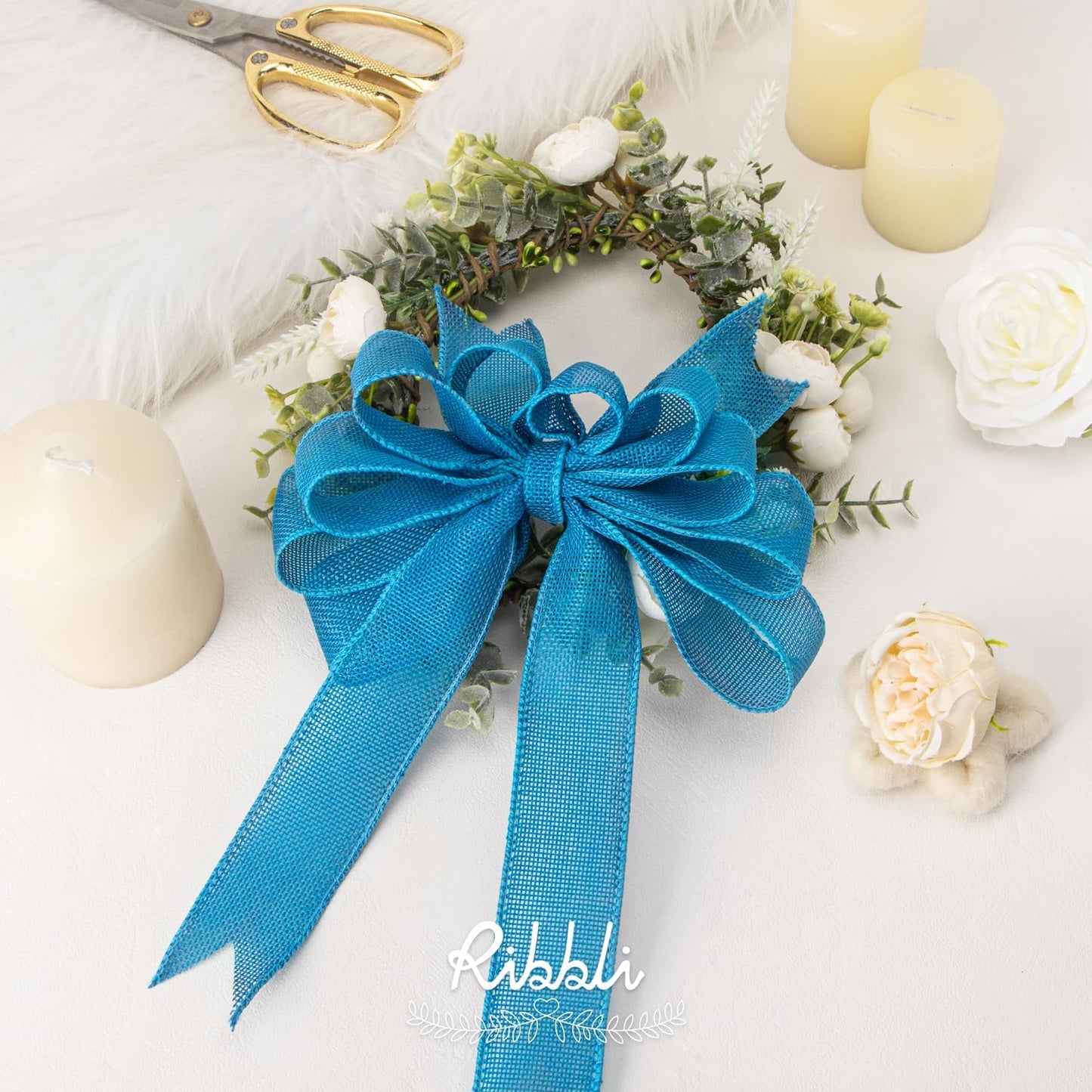 Ribbli Turquoise Blue Burlap Wired Ribbon,1-1/2 Inch x 10 Yard, Wired Edge Ribbon for Big Bow,Wreath,Tree Decoration,Outdoor Decoration