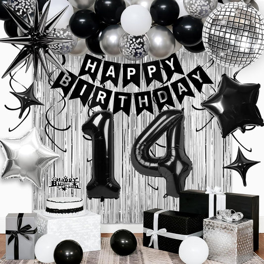 14th Birthday Decorations for Boys Girls, Black Silver Happy Birthday Party Decorations， 14 Year Old Party Supplies with Number 14 Balloons, Banner, Fringe Curtains Kit