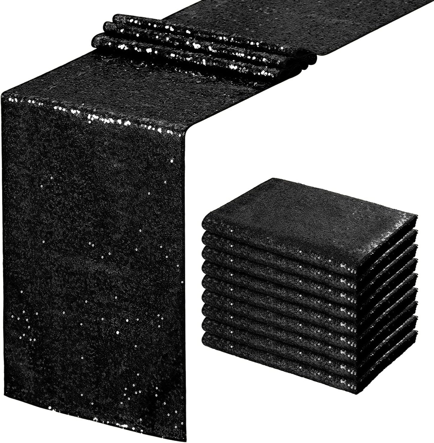 SoarDream Black Table Runner 10 Packs 12x72 Inches Sequin Metallic Fabric Glitter Table Runner for Party Birthday Holiday Event Supplies Decorations