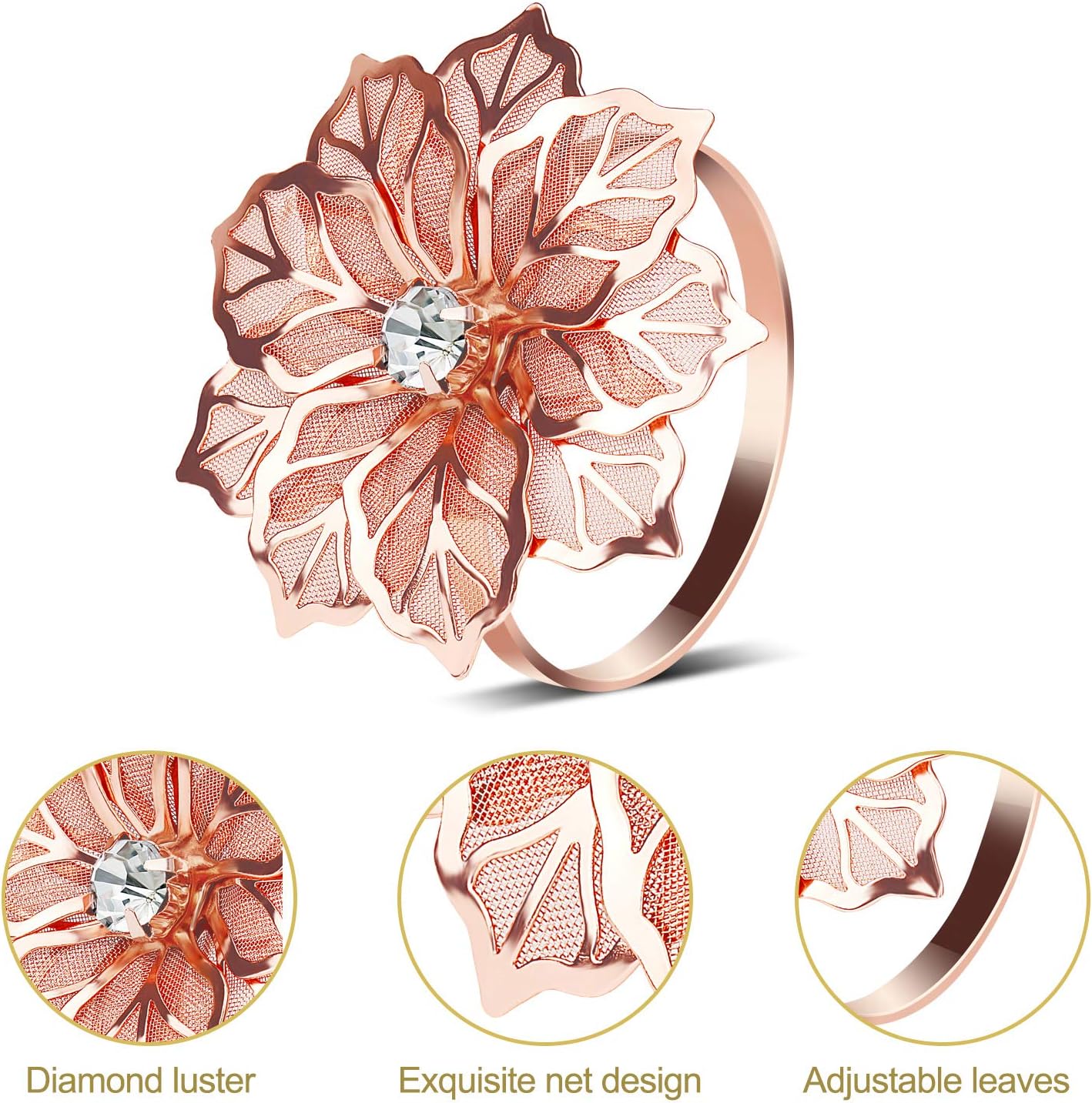 KPOSIYA Flower Napkin Rings Holder Metal Rose Gold Napkin Rings Set of 12 for Wedding Party Holiday Banquet Christmas Dinner Delicate Serviette Buckles Decor Favor (12, Rose Gold)