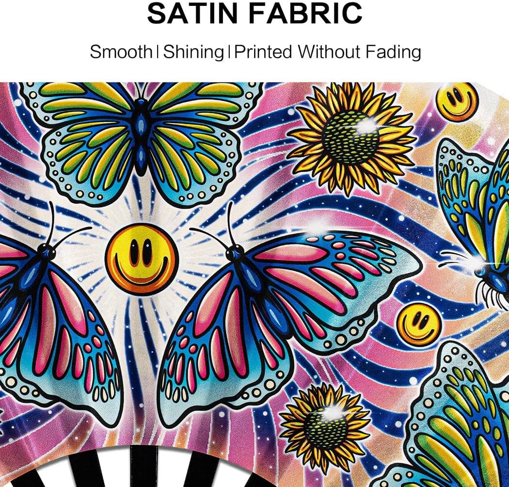 13" Large Rave Fan Bamboo, Folding Clack Hand Fans Foldable for Men Women, Boots on the Ground Poping Fan for EDM Festival Line Dance Decoration, (Butterfly, Large 13")