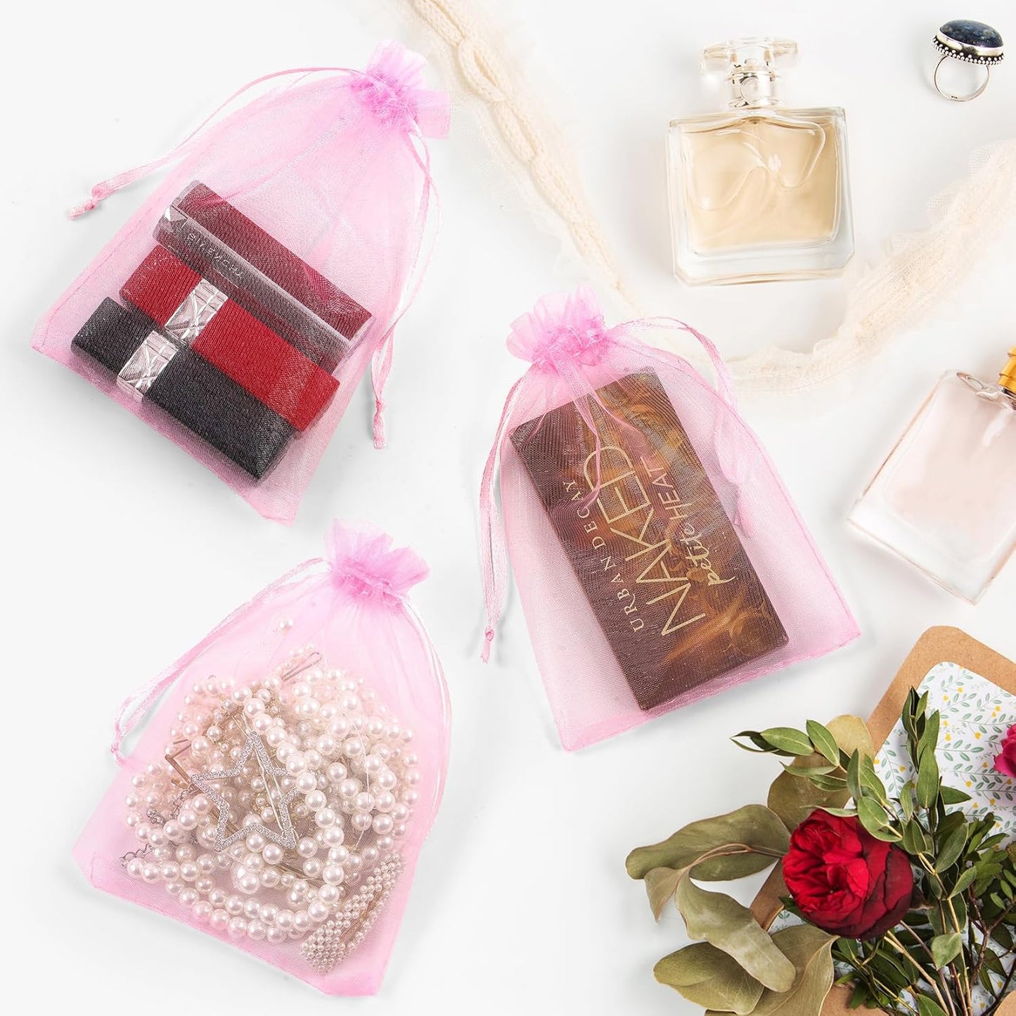 ANZNKU 50 Pack Organza Bags 4 x 6 inch Premium Sheer Drawstring Organza Bags for Candy Jewelry Party Wedding Christmas Favor Gift Bag (Pink)