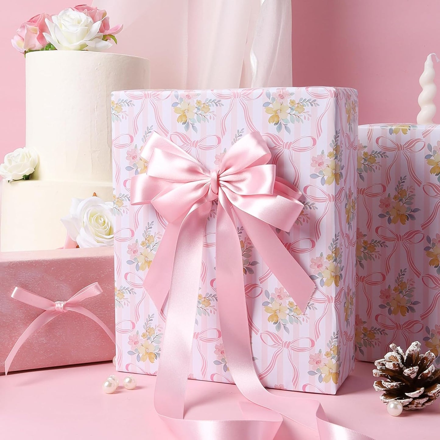 LaRibbons Light Pink Satin Ribbon 1 Inch 25 Yards Luxury Double Faced Pink Silk Ribbon for Gift Wrapping Flower Bouquet Crafts Wedding Party Babyshower Decoration