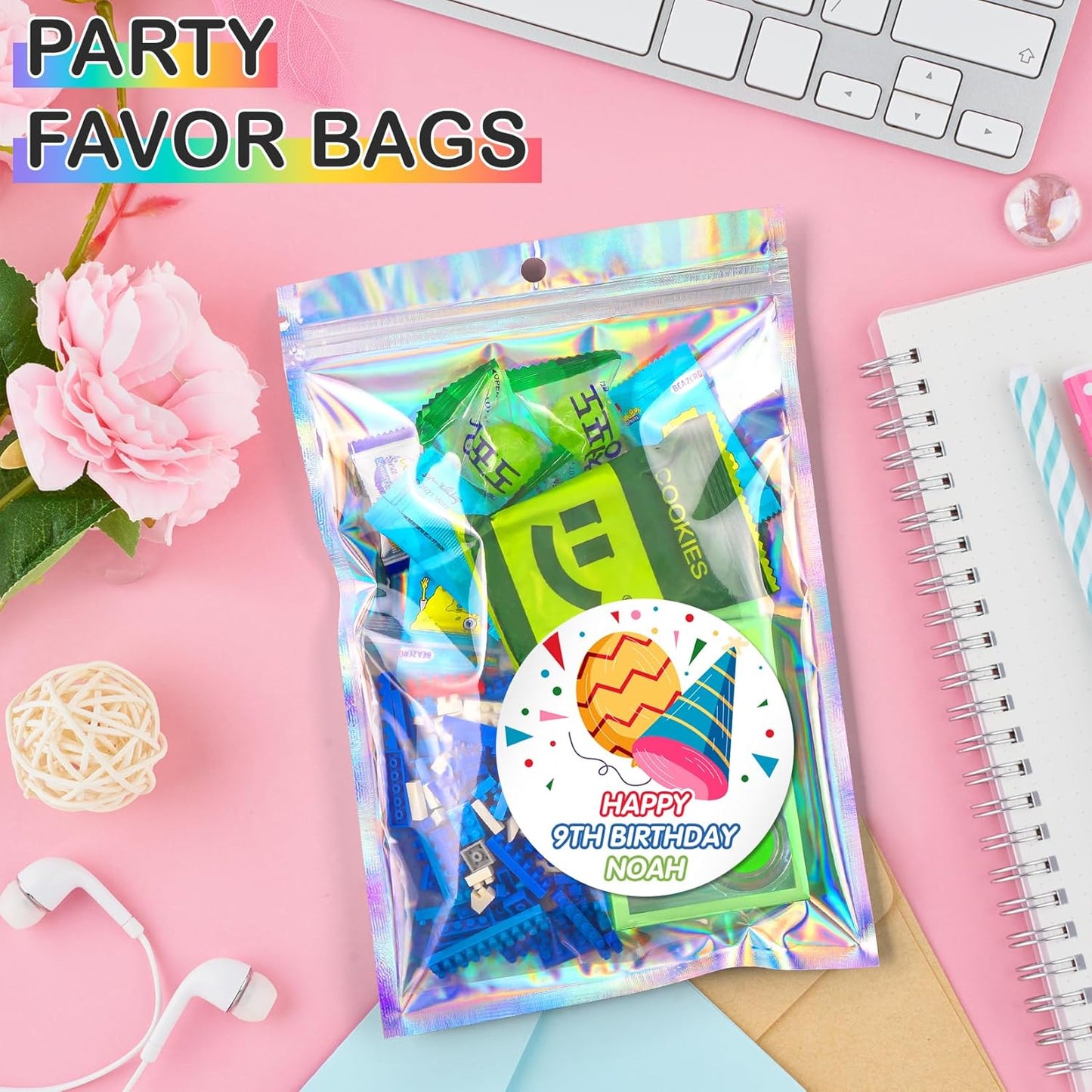 Funfery 50 pcs Mylar Holographic Bags Clear Window Resealable Bags,Foil Bag with Zipper,Sealing Pouch Smell Proof Packaging Bags for Food Storage,Candy,Party Favor Sample Business Supplies(5.5x7.9in)