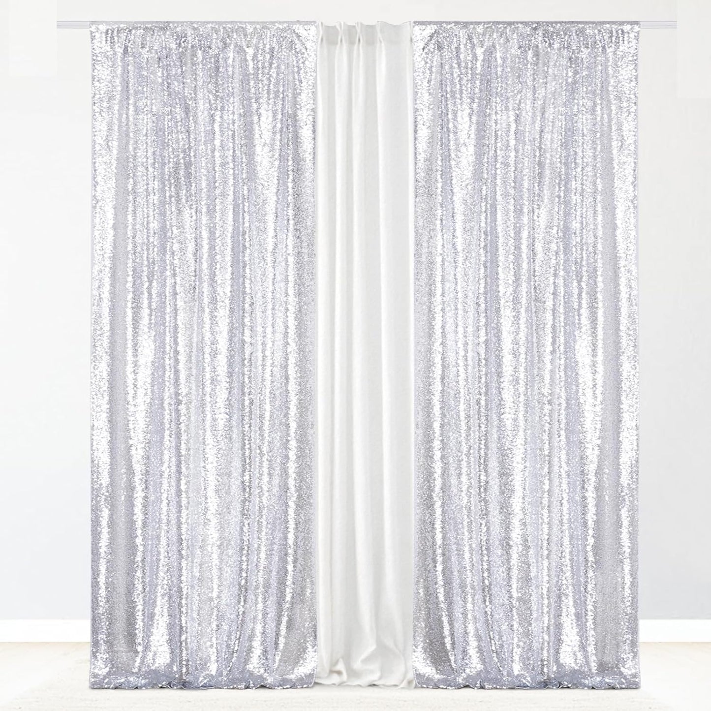 Eternal Beauty Silver Sequin Backdrop Curtains, Shimmer Back Drop 2Panels-3FTx7FT for Christmas, Party, Birthday, Photography, Wedding, Baby Shower Event Decoration