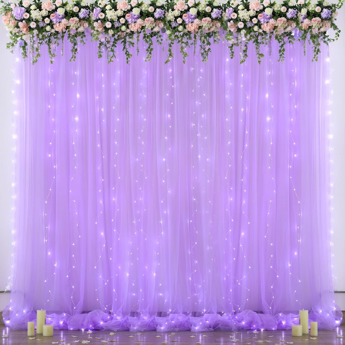 Lavender Sheer Backdrop Curtain with Led Lights for Baby Shower Girls Wedding10ft X 10ft Lavender Tulle Backdrop Curtain for Bridal Shower Birthday Party Photoshoot Arch Background Decorations