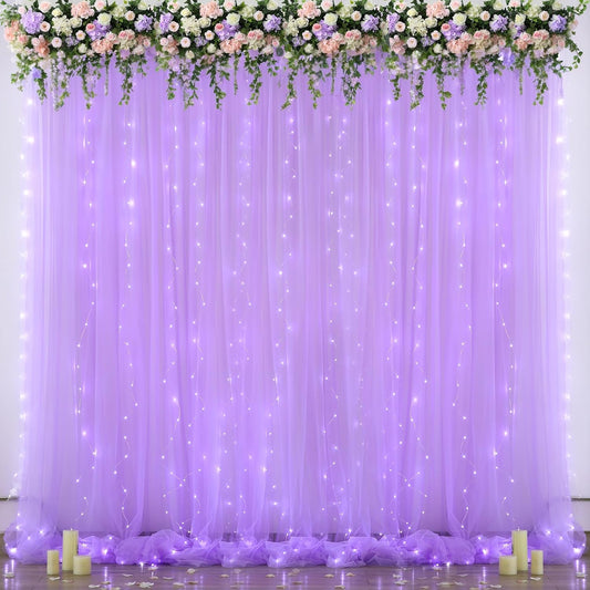 Lavender Tulle Backdrop Curtain with Lights String for Wedding Baby Shower 20×8ft Lavender Sheer Backdrop Curtain for Bridal Shower Birthday Party Photoshoot Background Decorations(4 Panels 5×8ft)